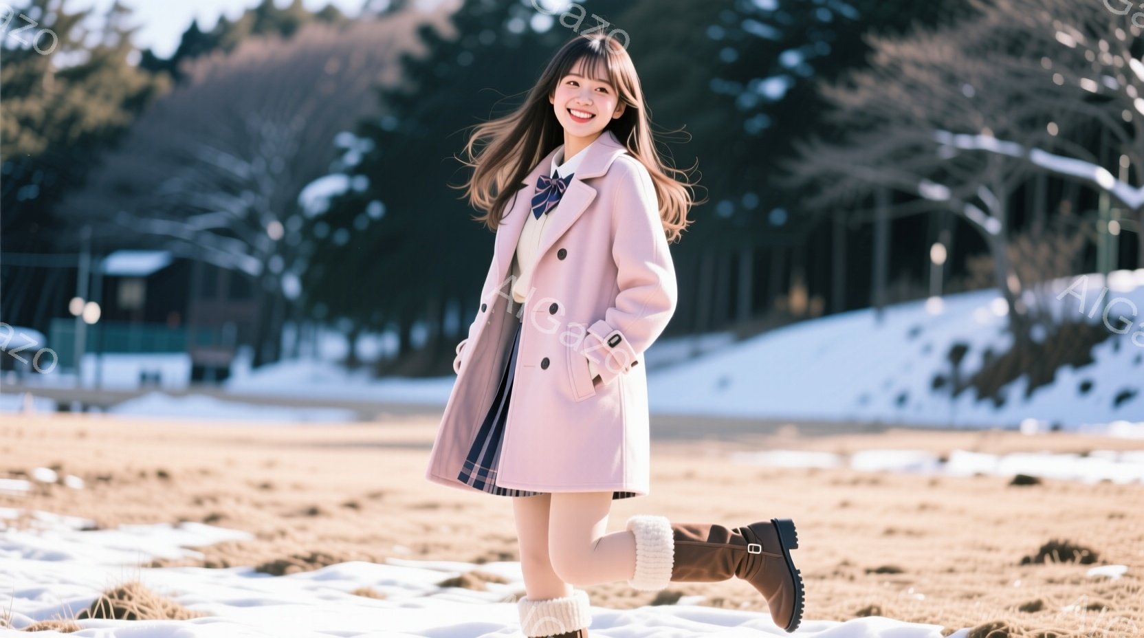 明るい日差しの下、若い女性が微笑んでいます。ピンク色のコート、チェック柄のスカート、ニーハイソックスとブーツを着用し、楽しそうに片足を上げています。背景には雪景色が広がり、遠くに見える建物と木々が冬の - AI生成フリー素材