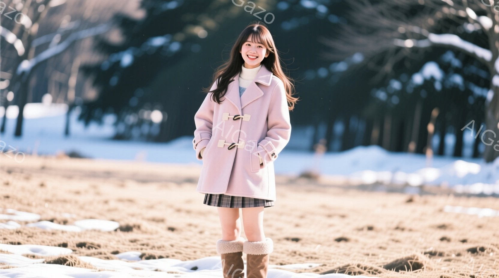 若い女性が冬の風景の中で立っている。彼女はピンク色のオーバーコート、チェック柄のスカート、茶色のブーツを着用し、ロングヘアは自然に肩にかかっている。背景には雪景色が広がり、穏やかで可愛らしい雰囲気を醸 - AI生成フリー素材