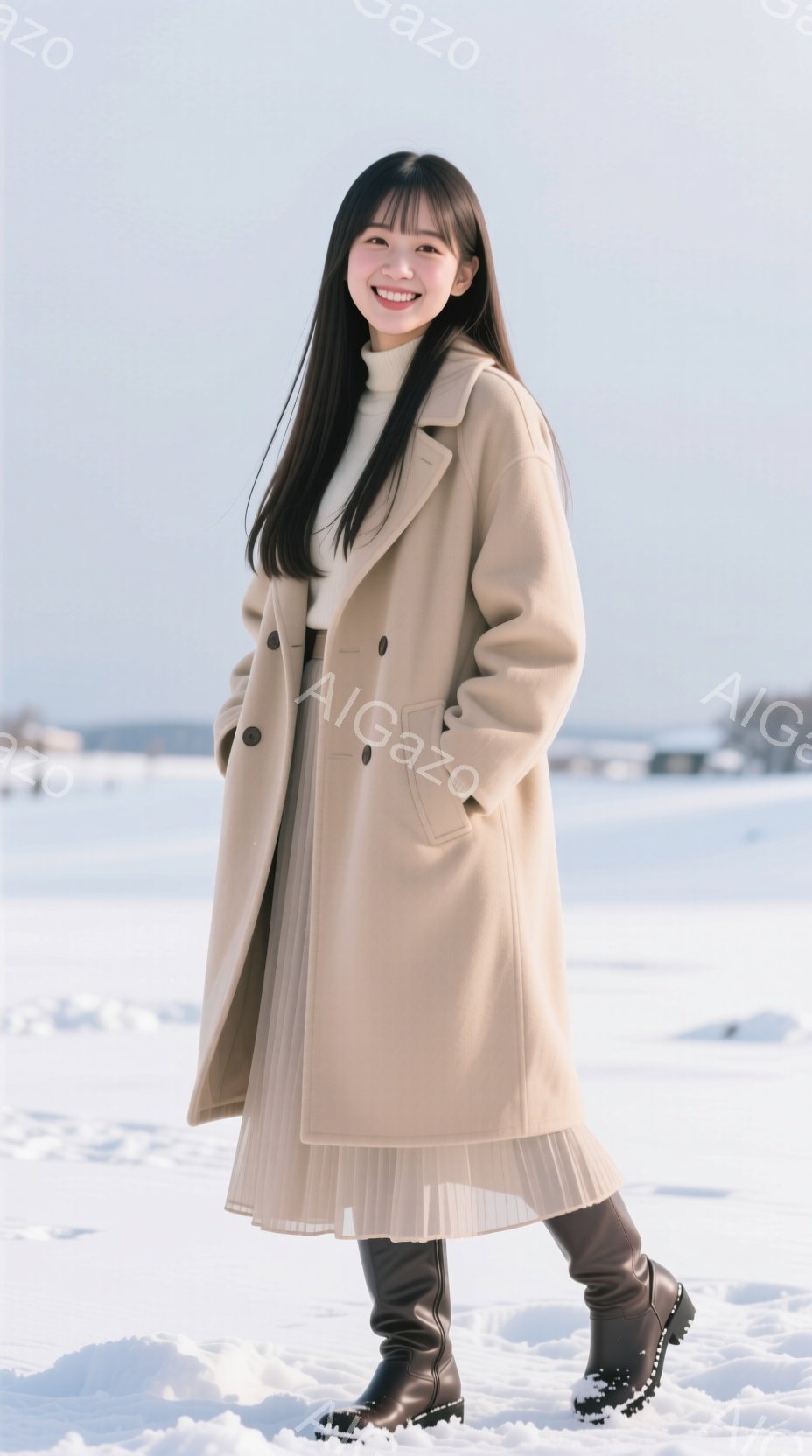 長い黒髪をセンターパートにした女性が、ベージュ色のロングコート、プリーツスカート、黒いブーツを着用して雪の上に立っている。彼女は微笑んでおり、リラックスした姿勢で、背景には雪景色が広がり、遠くに建物が - AI生成フリー素材