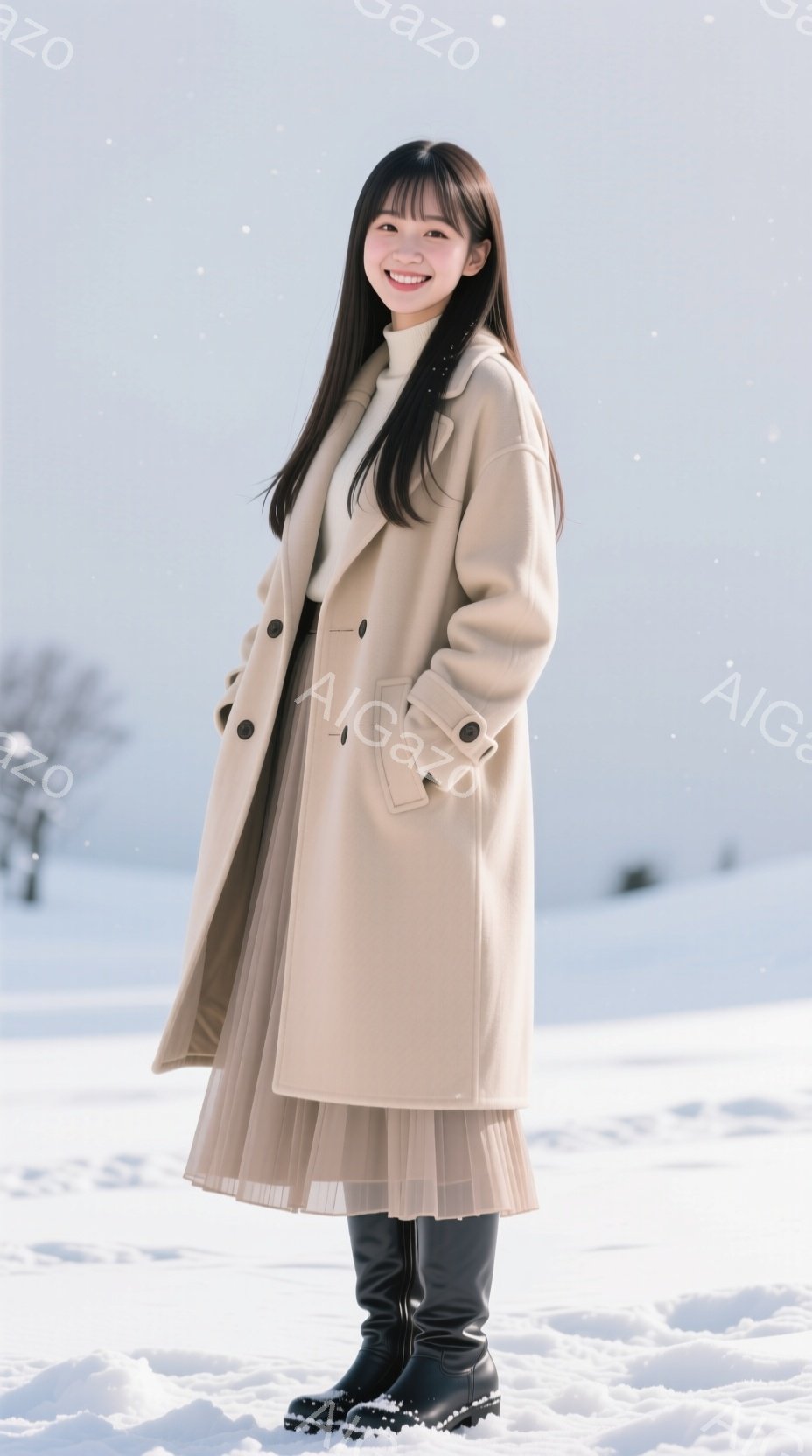 長い黒髪をセンターパートにした女性が、ベージュ色のオーバーコートとプリーツスカート、黒いブーツを身に着けて雪景色の中に立っている。彼女は微笑んでおり、リラックスした姿勢で、背景には雪に覆われた草原と木 - AI生成フリー素材