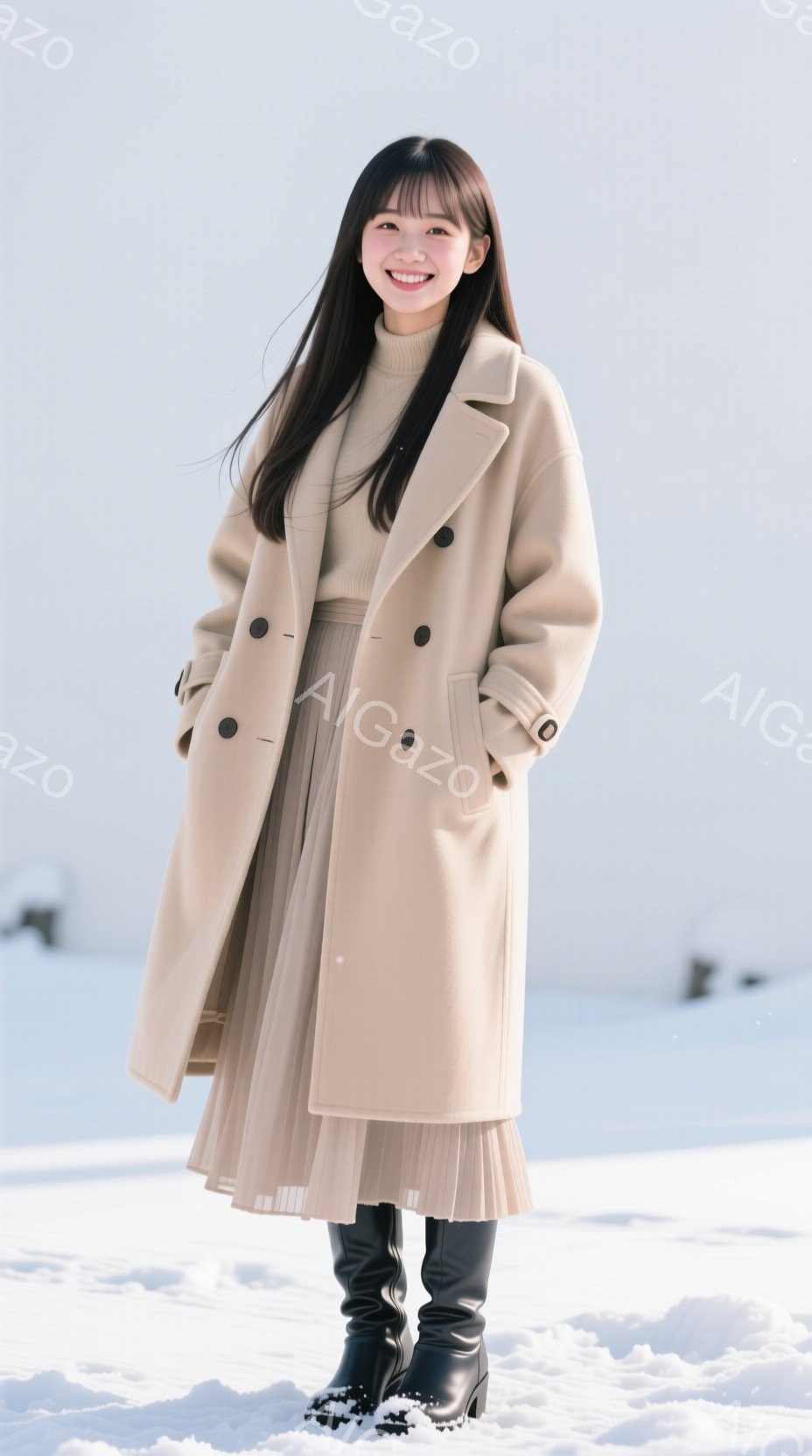 長い黒髪を耳にかける若い女性が、ベージュ色のオーバーサイズコート、プリーツスカート、黒いニーハイブーツを着用して立っています。彼女は微笑んでおり、冬の雪景色を背景に、穏やかでエレガントな雰囲気を醸し出 - AI生成フリー素材