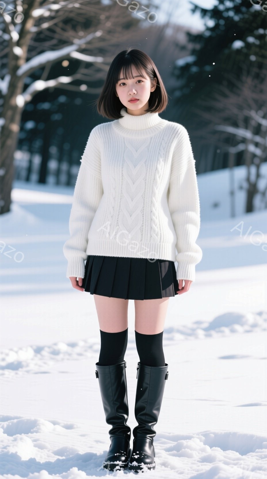 白いケーブルニットセーターに黒のプリーツスカート、厚手の黒い靴下と膝丈の黒いブーツを履いた女性が写っている。彼女は正面をまっすぐ見つめ、わずかに微笑んでいる。背景は雪に覆われた自然で、木々が並び、晴れ - AI生成フリー素材