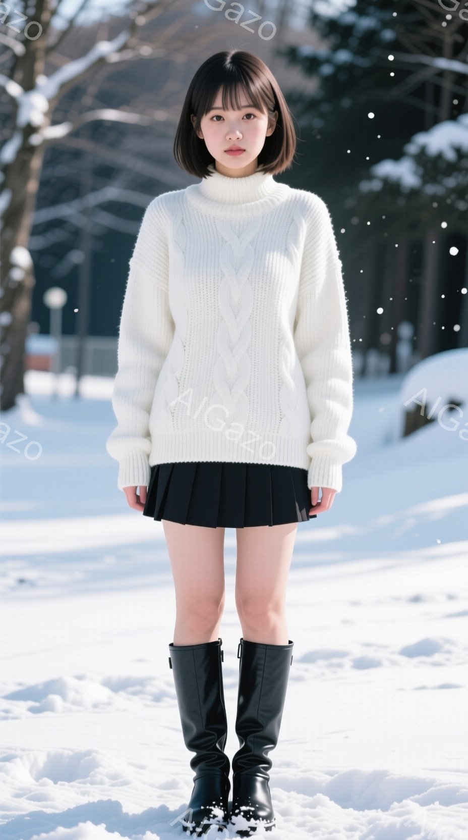 ショートカットの女性が、白いケーブルニットのセーターと黒のプリーツスカート、そして黒のロングブーツを身に着けて雪の中に立っている。彼女は正面をまっすぐ見ており、やや微笑んだ表情をしている。背景には雪に - AI生成フリー素材