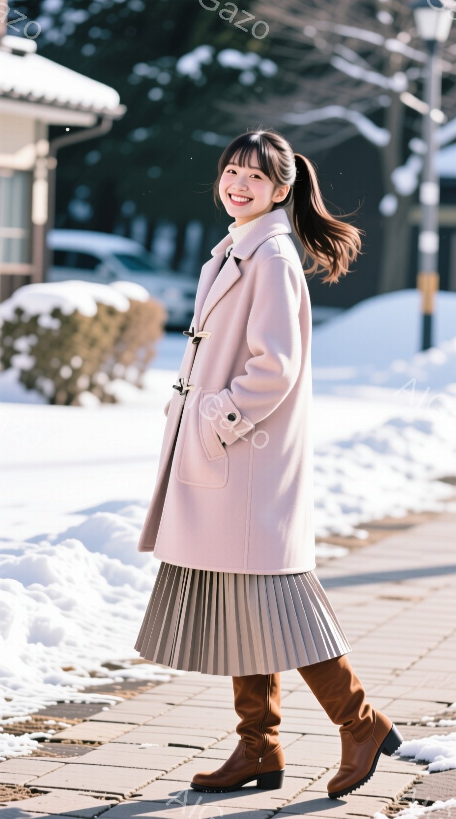 画像には、ピンク色のコートとベージュのプリーツスカートを着用した若い女性が写っています。彼女は明るい笑顔を浮かべ、右を向いて少し後ろを振り返っています。背景には雪が積もった歩道と建物が見え、冬の晴れた - AI生成フリー素材