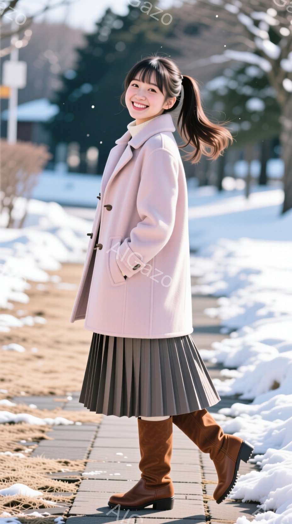 ピンク色のコートとグレーのプリーツスカートを着用した女性が、茶色のロングブーツを履いて歩道上を歩いている。彼女は笑顔で、髪をポニーテールにしている。背景には雪景色が広がり、冬の晴れた日の穏やかな雰囲気 - AI生成フリー素材