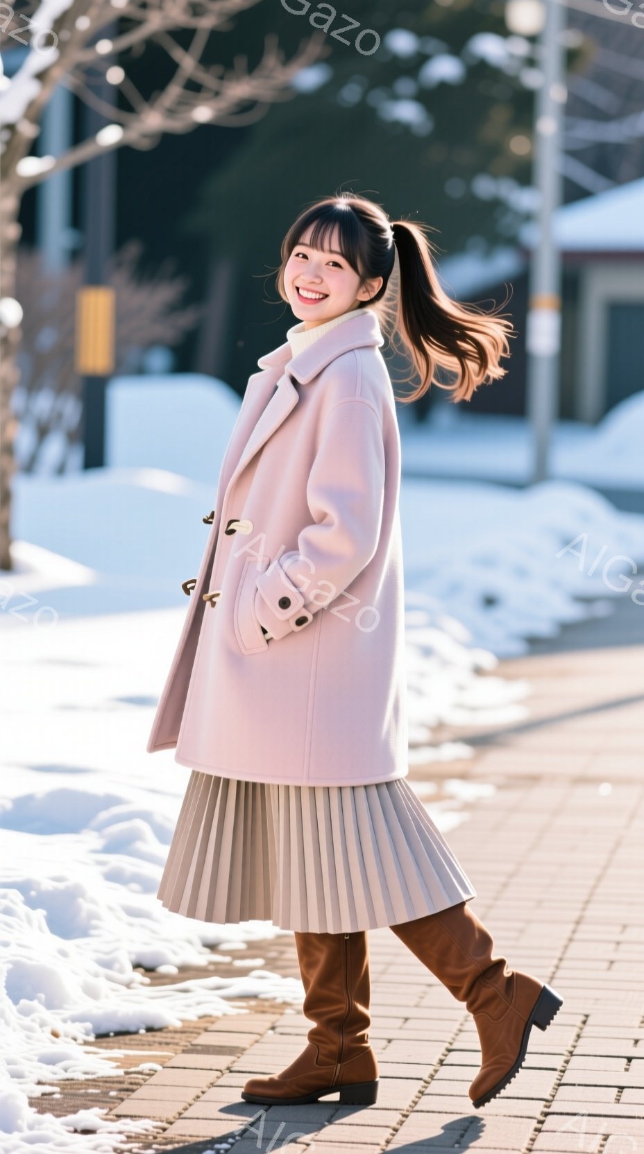淡いピンク色のコートにベージュのプリーツスカート、そして茶色のロングブーツを履いた女性が写っています。彼女は少し微笑んでおり、髪はポニーテールに結ばれています。背景には雪が積もった遊歩道と建物があり、 - AI生成フリー素材