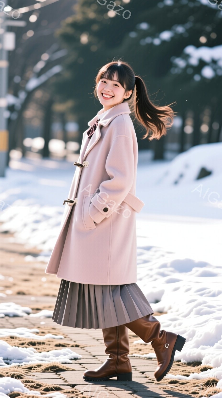 若い女性がピンク色のコート、グレーのプリーツスカート、茶色のブーツを身に着けて立っている。彼女は笑顔で髪を後ろでポニーテールにしている。背景には雪が積もった道と木々があり、晴れた冬の日を思わせる暖かい - AI生成フリー素材