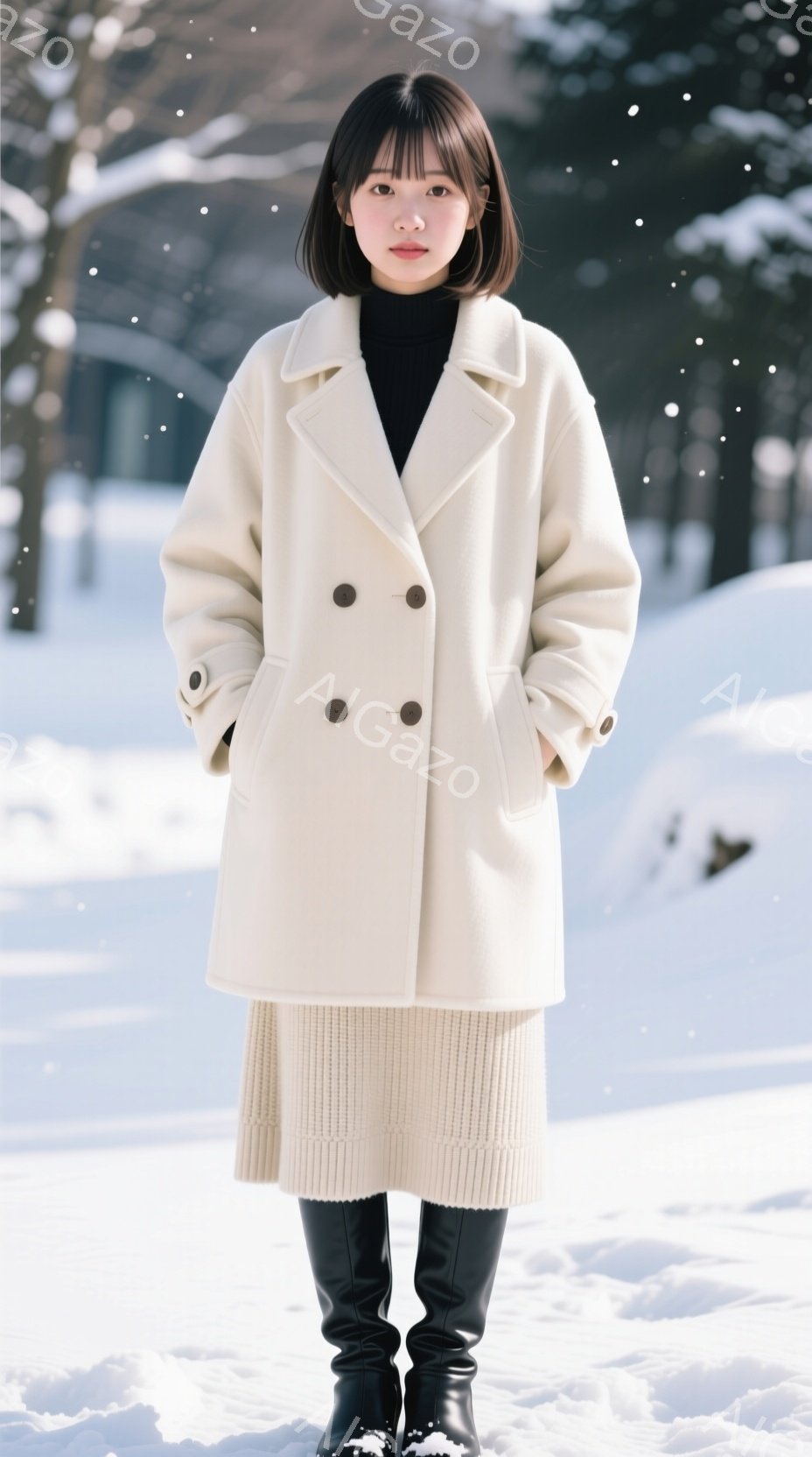 白いオーバーサイズのコートとクリーム色のニットスカートを着用した若い女性が立っています。彼女は黒いブーツを履き、ダークカラーのヘアスタイルで、穏やかな表情をしています。背景は雪景色で、木々が見え、冬の - AI生成フリー素材