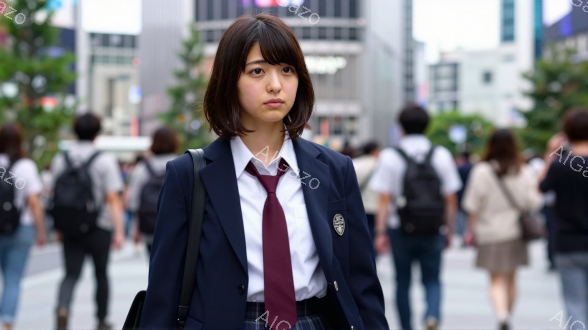 画像は紺色のブレザーに赤いネクタイを締めた女子学生が写っている。彼女は暗い茶色のショートヘアで、やや憂いのある表情をしている。背景には多くの人が歩き、近代的な建物が見え、晴れた日の都会の風景が広がっている。