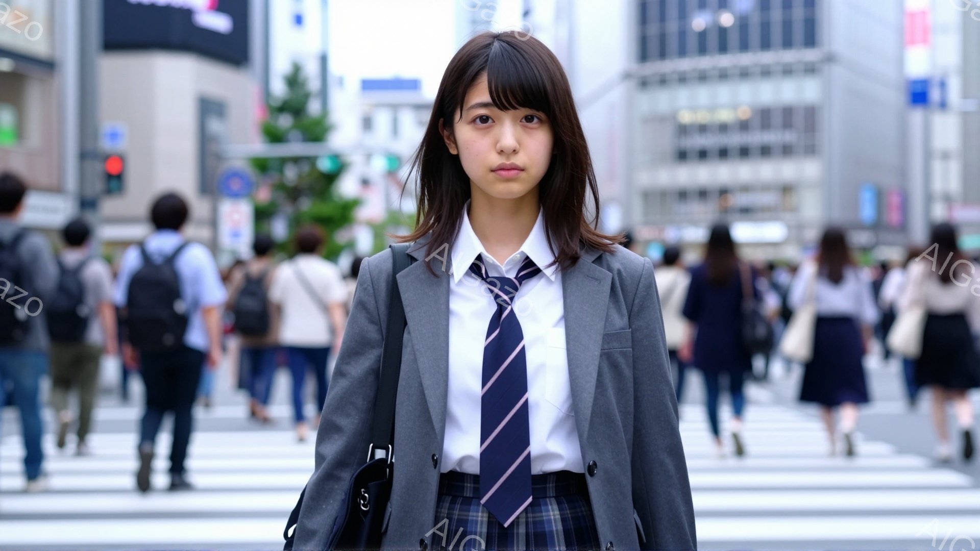 制服を着た若い女性が道路の中央に立っている。彼女はグレーのブレザー、白いシャツ、ネクタイ、チェック柄のスカートを着用し、肩に黒いバッグをかけている。背景には、多くの歩行者と高層ビルが並ぶ賑やかな都会の風景が広がっており、晴天で活気のある雰囲気が感じられる。