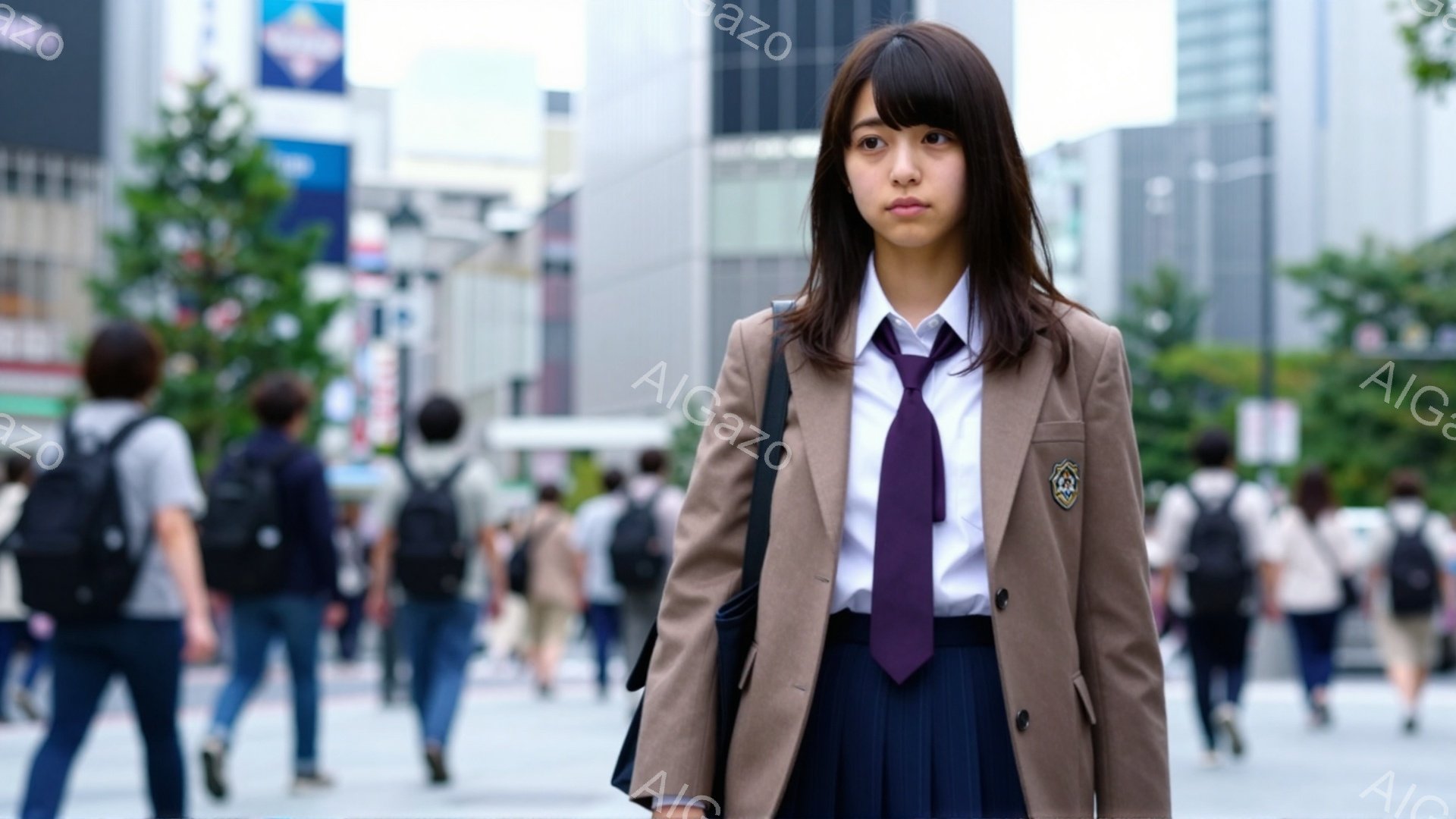 制服を着た若い女性が中央に立っており、ベージュ色のブレザー、紫色のネクタイ、チェック柄のスカートを着用しています。彼女は少し憂いのある表情で、まっすぐ前を見つめています。背景には、多くの人が歩く街並みと、高層ビル、そして緑の木々が見え、晴れた日の賑やかな雰囲気が漂っています。