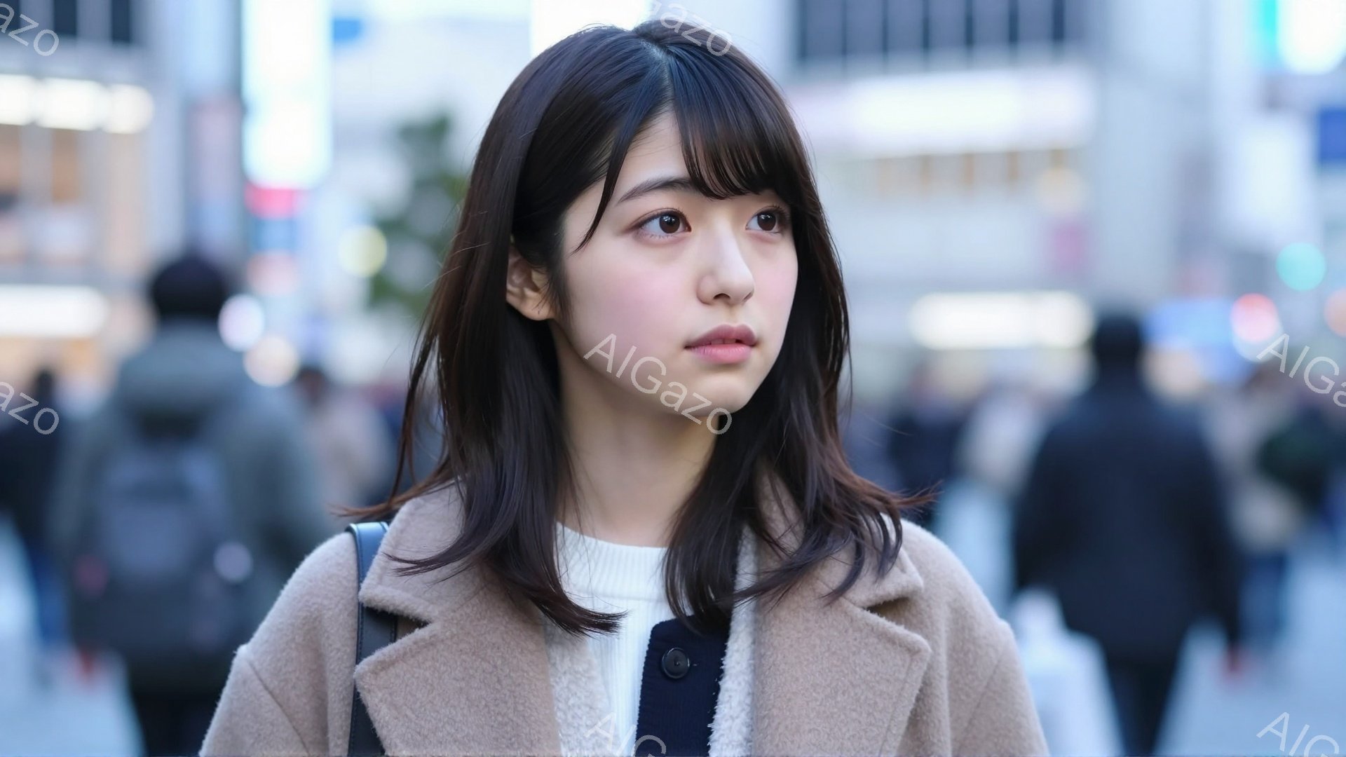 黒髪の女性が、ベージュ色のオーバーサイズのコートと白いインナーを着ています。彼女は少し憂いのある表情で、わずかに視線を外しています。背景には人々が歩き、高層ビルがぼんやりと見え、都会の喧騒と少し寂しげな雰囲気が漂っています。