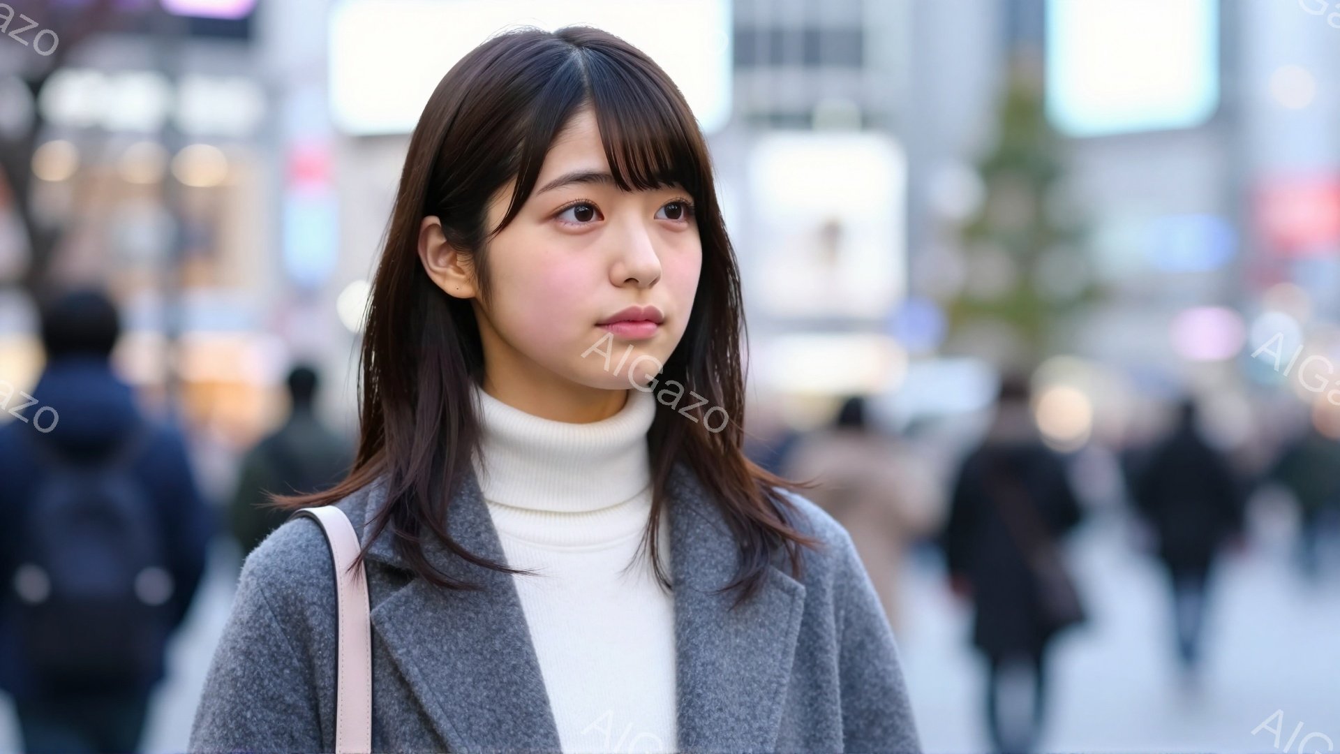 長いダークブラウンの髪をした若い女性が、白いタートルネックセーターとグレーのコートを着ています。彼女は少し憂いのある表情で、わずかに視線をずらしており、肩にストラップの付いたバッグを掛けています。背景 - AI生成フリー素材