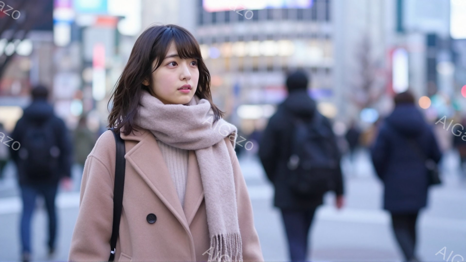 若い女性がベージュ色のコートと淡いピンク色のマフラーを身に着け、少し横を向いて立っている。彼女は黒髪で、前髪が目に少しかかるようにカットされている。背景には、ぼやけた街並みと多くの人が歩いている様子が - AI生成フリー素材