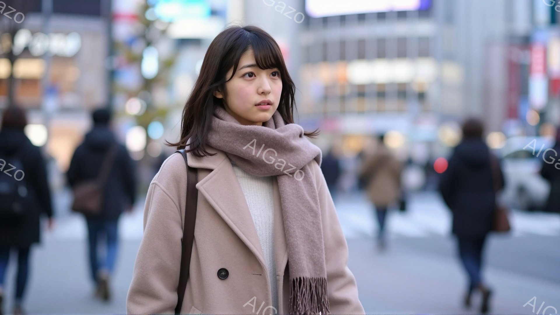 若い女性がベージュのコートとマフラーを身につけ、少し上目遣いにこちらを見ている。彼女は黒いストレートヘアで、表情は穏やかで少し憂いを含んでいるように見える。背景にはぼやけた歩行者と高層ビルが見え、都市の賑わいと少し肌寒い冬の日の雰囲気が感じられる。