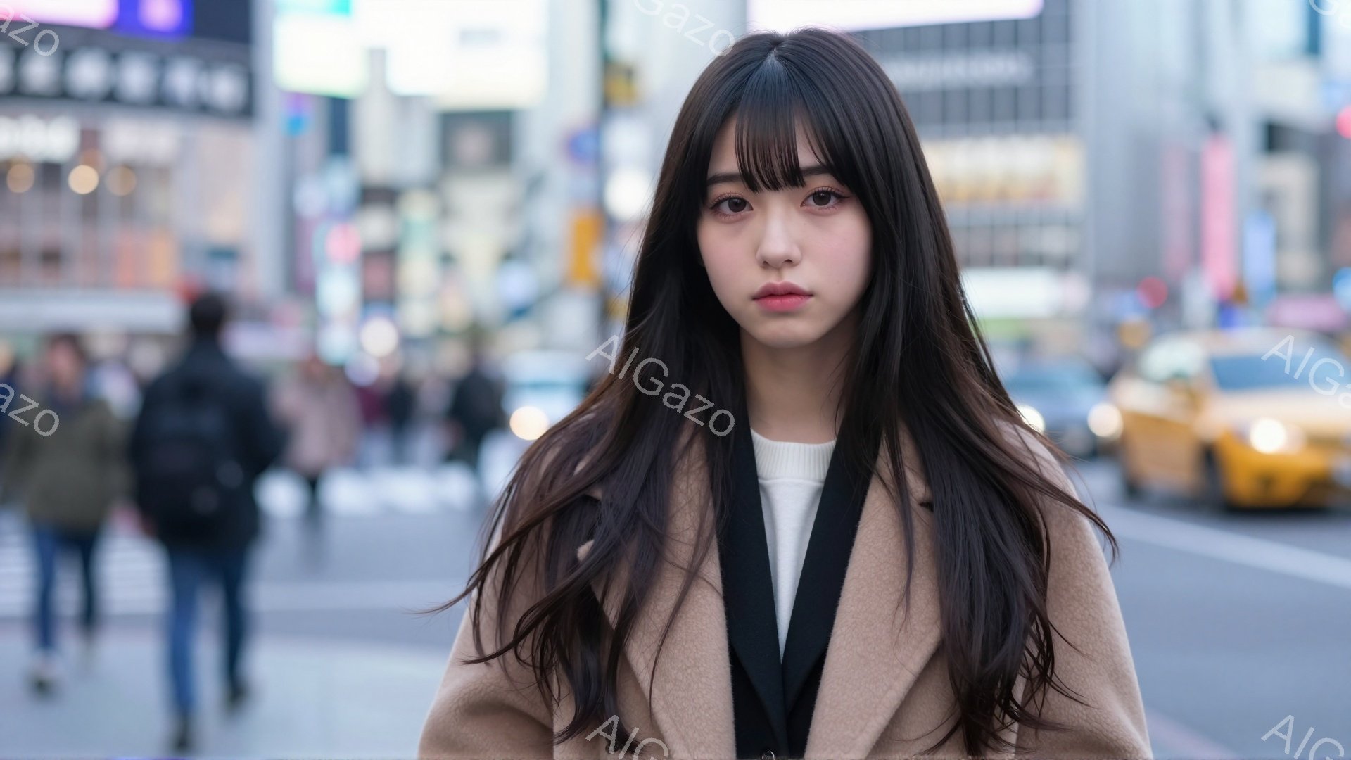 長い黒髪の女性が、ベージュのコートと白いインナーを着て、カメラの方を見つめています。彼女の表情は穏やかで、少し微笑んでいるようにも見えます。背景には、多くの人々やタクシー、そしてニューヨークのような賑やかな街並みがぼやけて写っています。