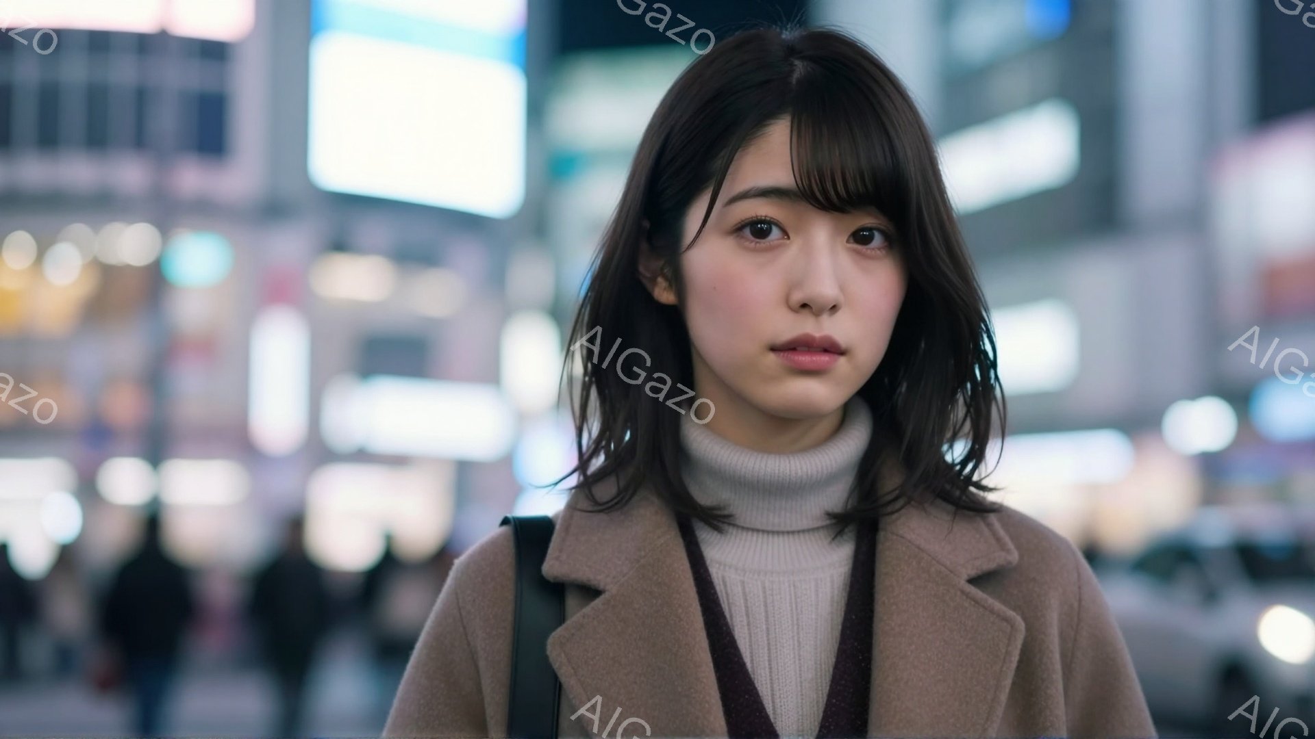 若い女性が正面を見据え、ベージュ色のコートと白いタートルネックセーターを着ています。彼女の髪は肩にかかる長さのダークブラウンで、前髪が目にかかっています。背景にはぼやけた都市の夜景が広がり、多くの光が点在しており、少し寂しげで都会的な雰囲気が漂っています。