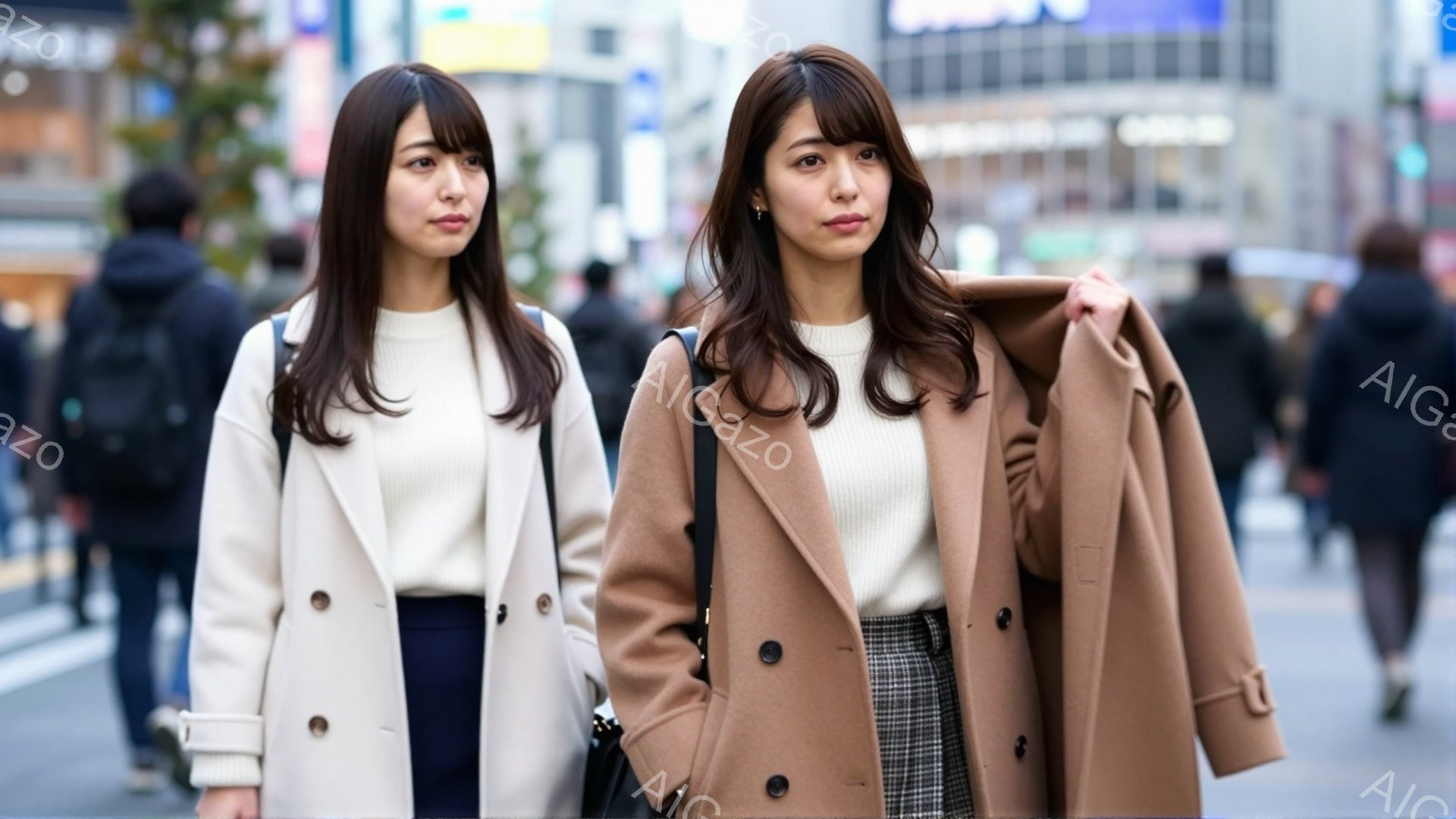 長い茶色のコートを着た若い女性が写っている。彼女は白いセーターとチェック柄のスカートを身に着け、少し微笑んでいる。背景には、ぼやけた建物と歩行者がおり、晴れた日の街並みがうかがえる。