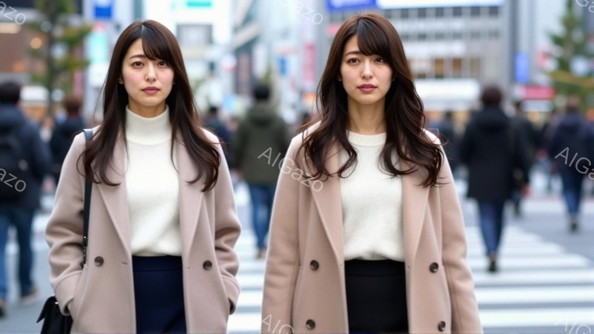 この女性はベージュのコートと白いセーター、黒いスカートを着用し、ストレートヘアを肩まで伸ばしています。彼女は交差点の中央で正面を向き、穏やかな表情でカメラを見ています。背景には、賑やかな街並みと、歩行者が写っており、晴れた日の様子が伺えます。