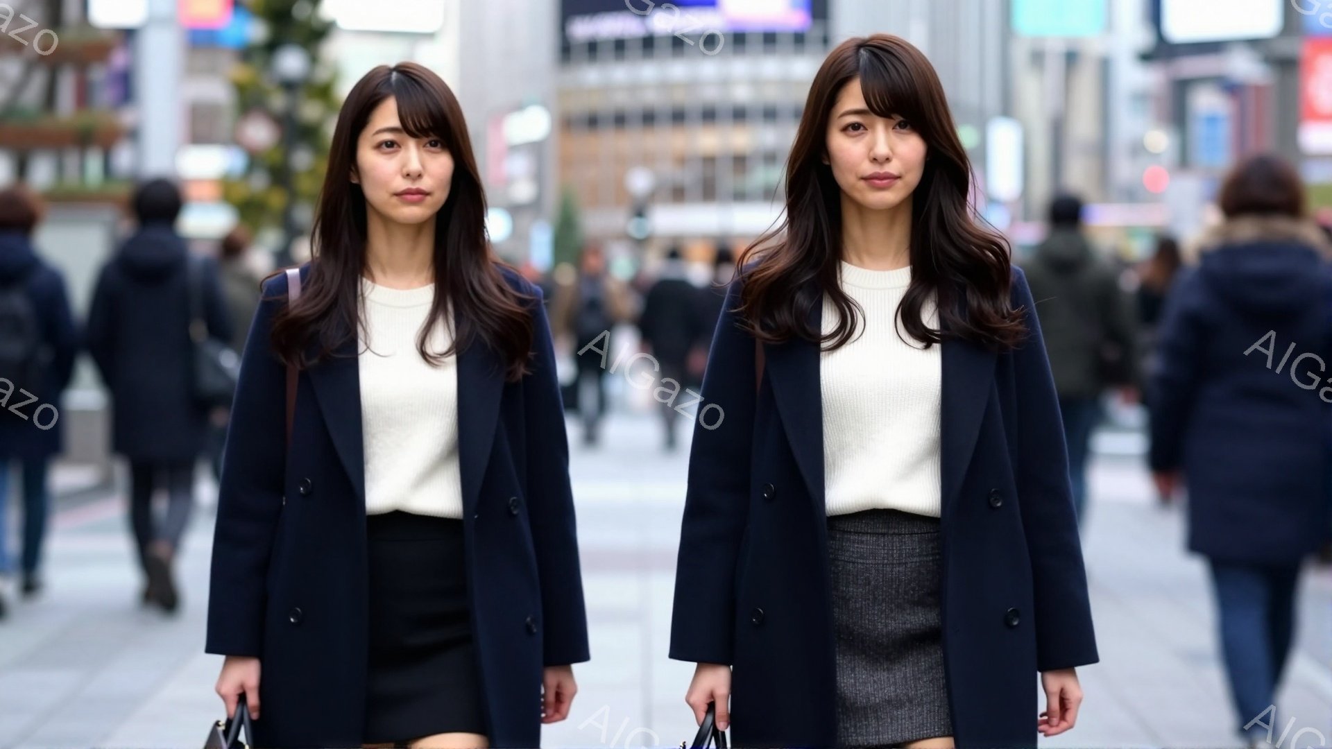 長い茶色の髪を持つ女性が、紺色のコートとグレーのチェック柄スカートを身に着けて立っている。彼女は正面を見据え、落ち着いた表情で、両手に何らかの持ち物を持っているように見える。背景には、多くの人が歩く賑やかな都市の通りと、高層ビル群が広がっている。