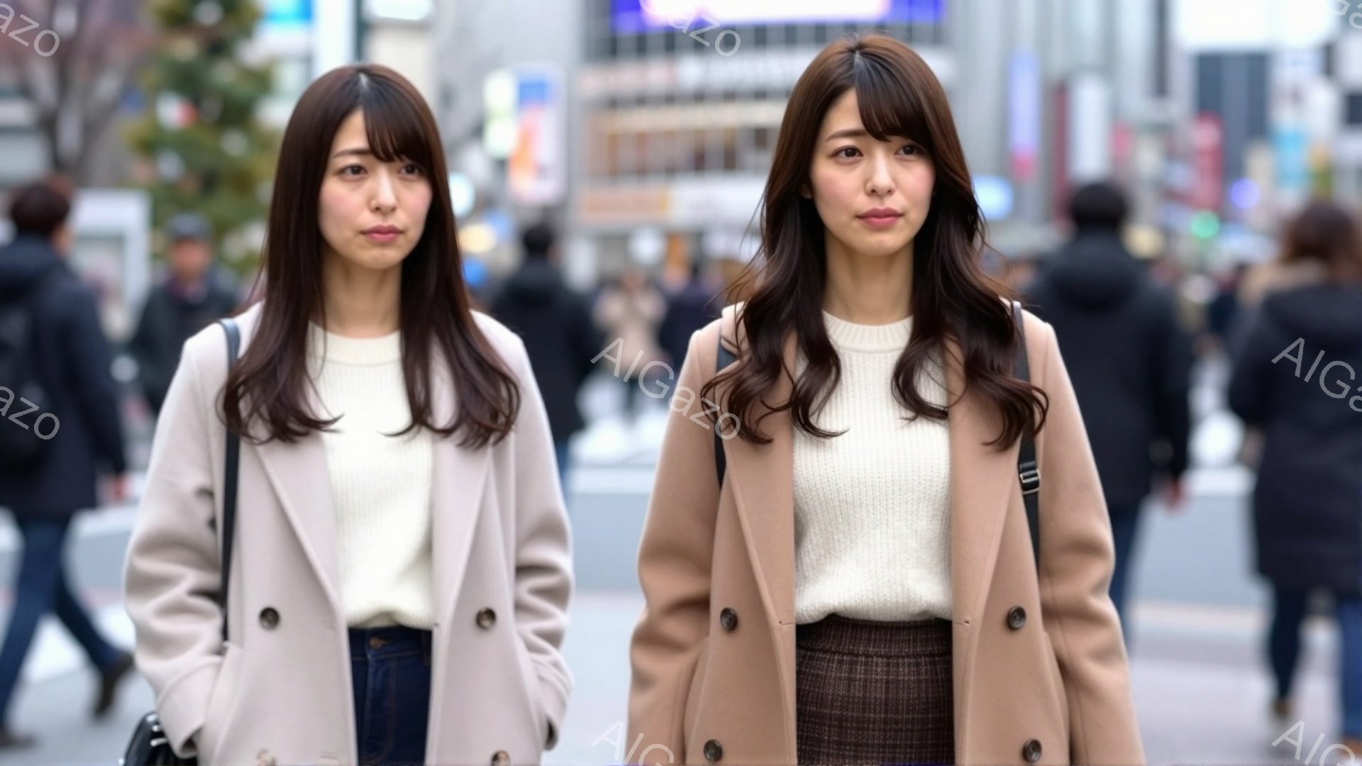 画像には、ベージュ色のコートを着た若い女性が写っています。彼女は白いセーターとチェック柄のスカートを着用し、リラックスした表情で正面を見ています。背景には、賑やかな街並みと多くの歩行者がぼやけて写っており、晴天で穏やかな冬の日であることがわかります。