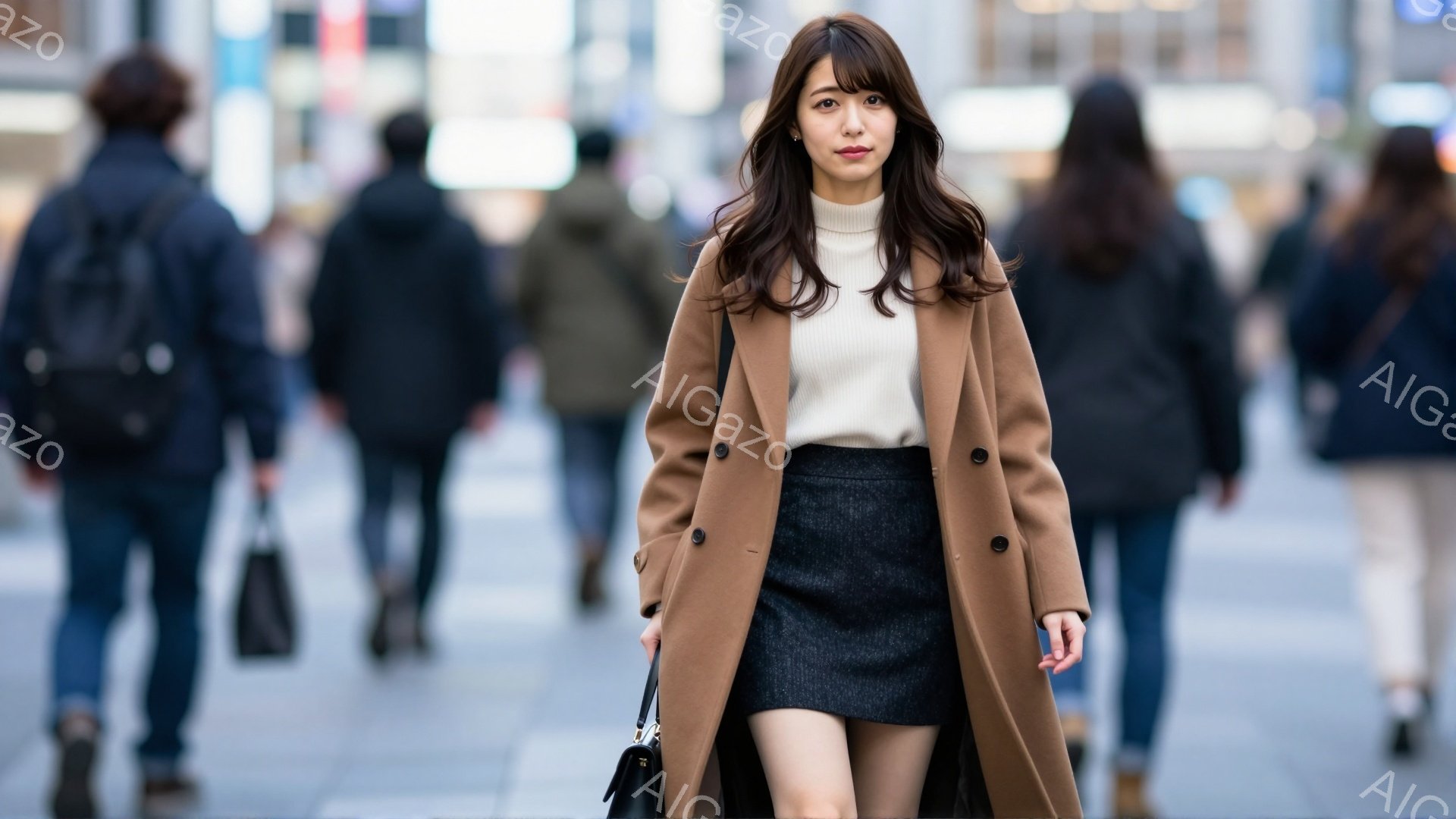 茶色のロングコートを羽織った女性が写っている。彼女は黒のミニスカートと白いセーターを着ており、肩にかかる髪はゆるやかにウェーブしている。背景には多くの歩行者と建物のぼやけたシルエットが見え、街中の賑やかな雰囲気が感じられる。