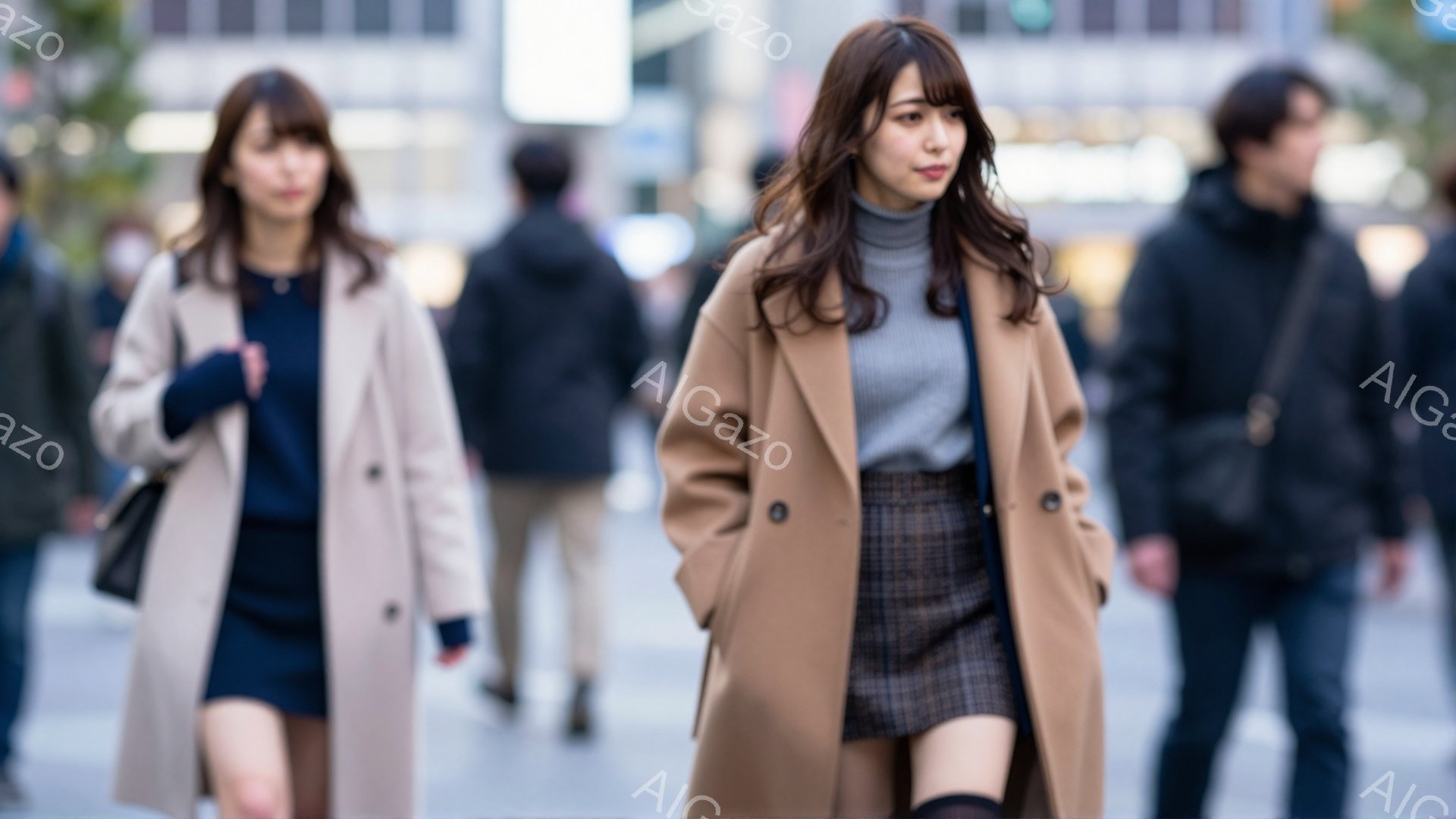 長い茶色のコートを着た若い女性が、チェック柄のスカートとグレーのセーターを合わせ、街を歩いている。彼女は少し微笑んでおり、髪は肩までの長さでゆるやかにウェーブがかかっている。背景には、ぼやけた建物と人 - AI生成フリー素材