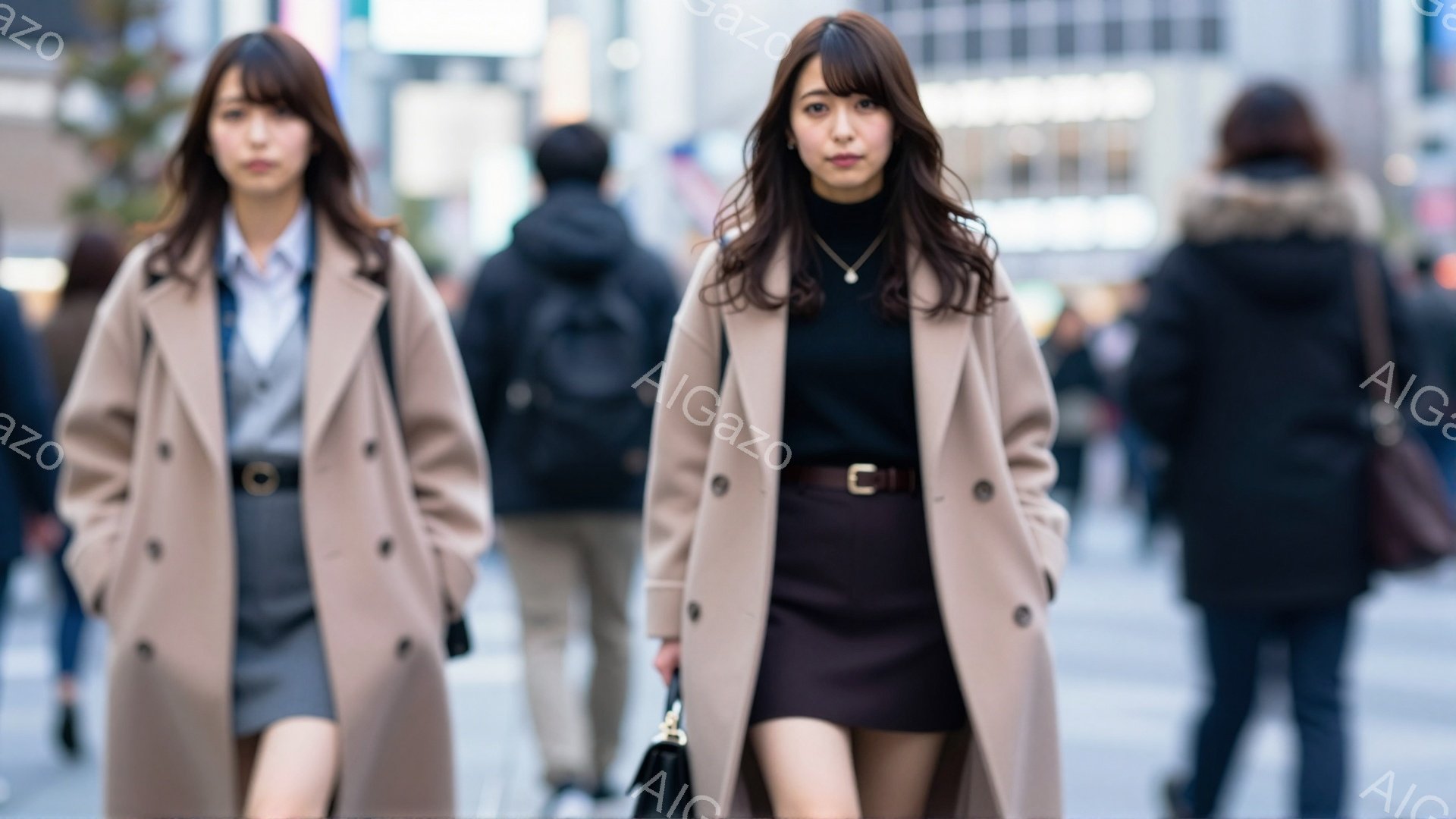 画像には、ベージュのコートを着た若い女性が写っています。彼女は黒のタートルネックセーターとグレーのスカートを着用し、少し微笑んでいます。背景には、ぼやけた建物と歩行者がおり、都会のストリートシーンを表しています。