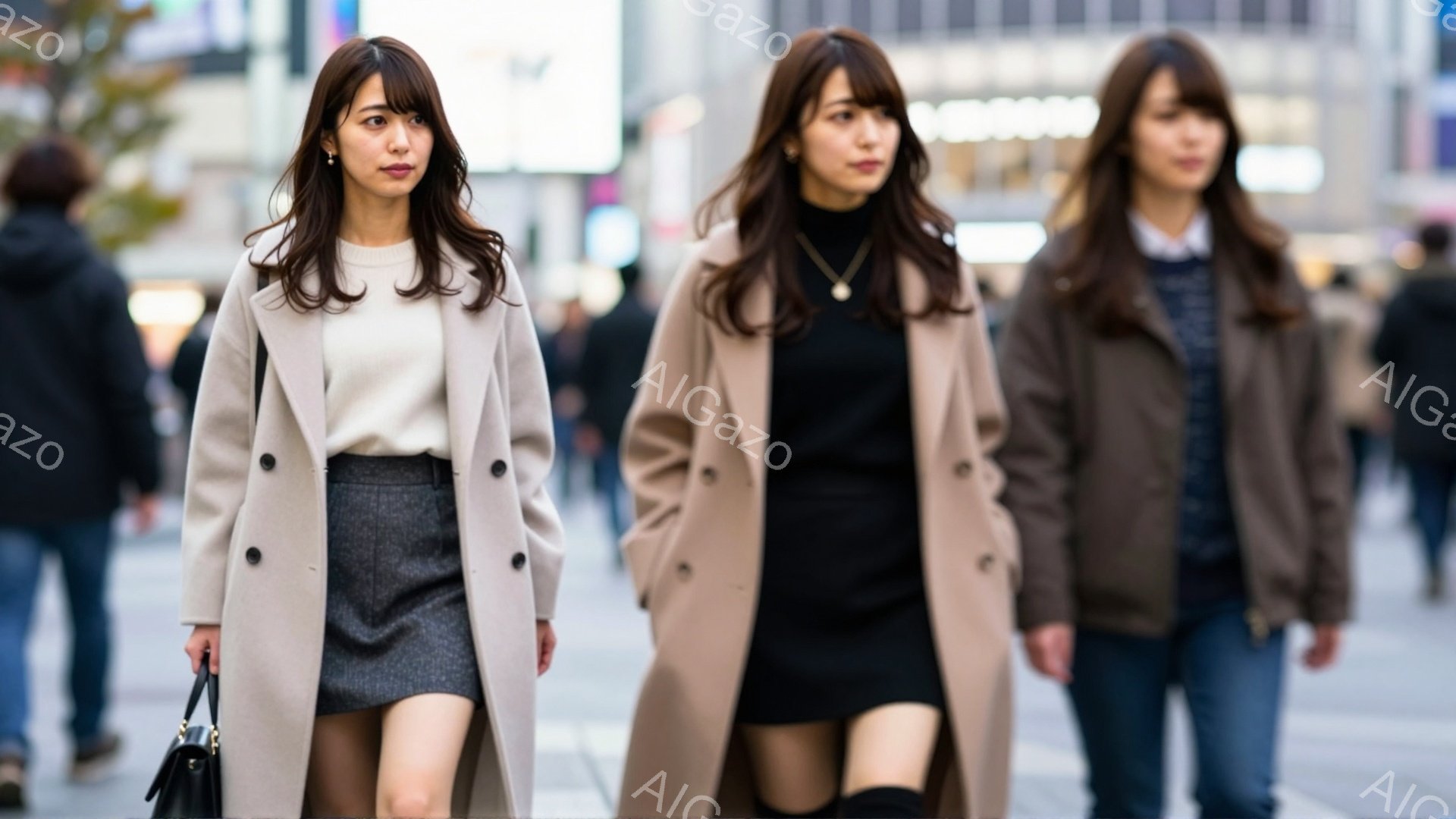 街中で歩く女性たちが写っている。一番手前の女性はベージュのロングコートとグレーのスカート、白いセーターを着ており、肩にかかる髪が特徴的だ。背景には高層ビル群が広がり、晴天の下、都会の活気を感じさせる。 - AI生成フリー素材