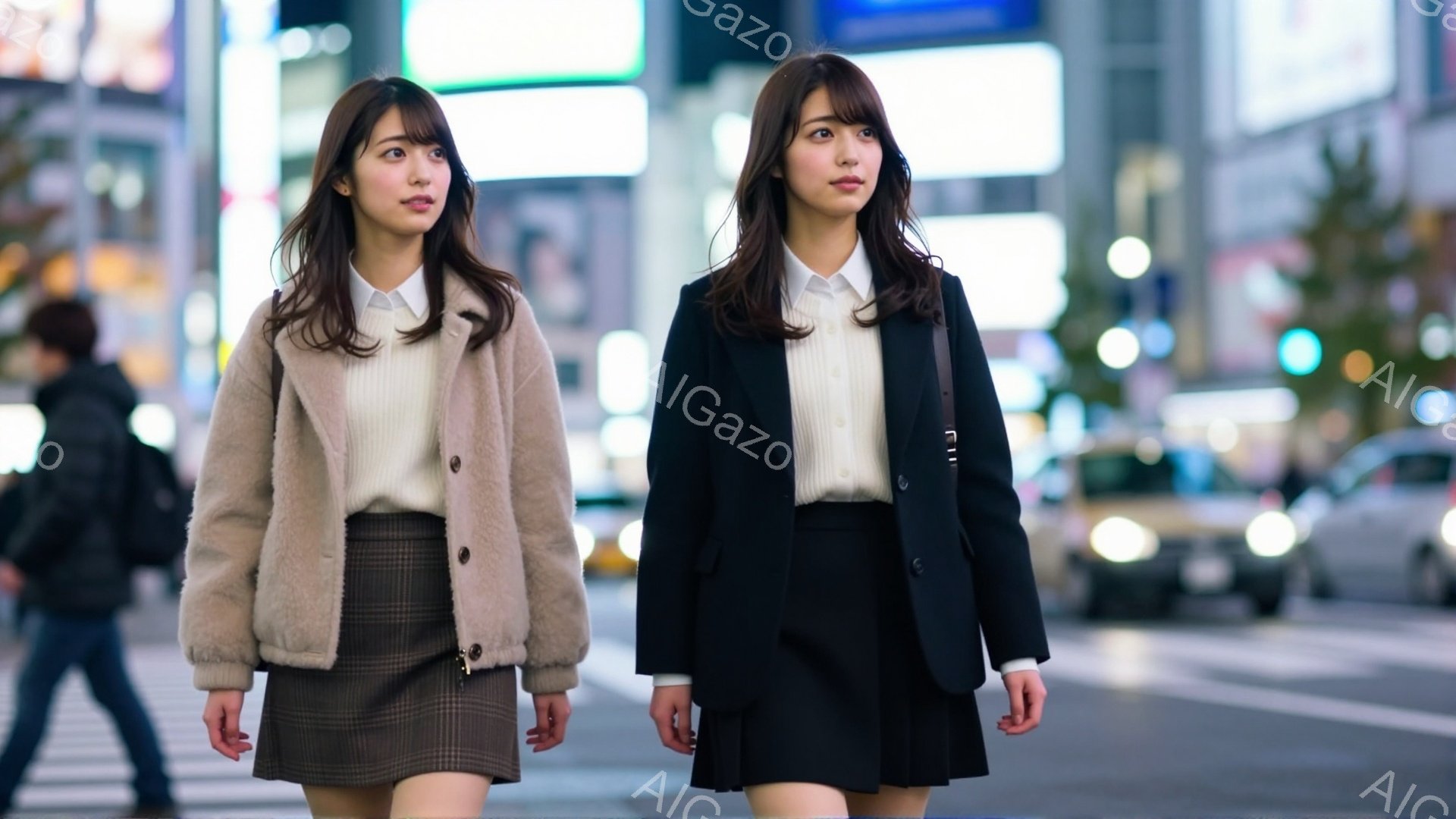 2人の女性が横断歩道を歩いている。左の女性はチェック柄のスカートにベージュのふわふわしたジャケット、右の女性は黒いジャケットとスカートの組み合わせで、それぞれ白いシャツを着ている。背景には夜の街並みが見え、多くの光が輝き、活気のある雰囲気を感じさせる。