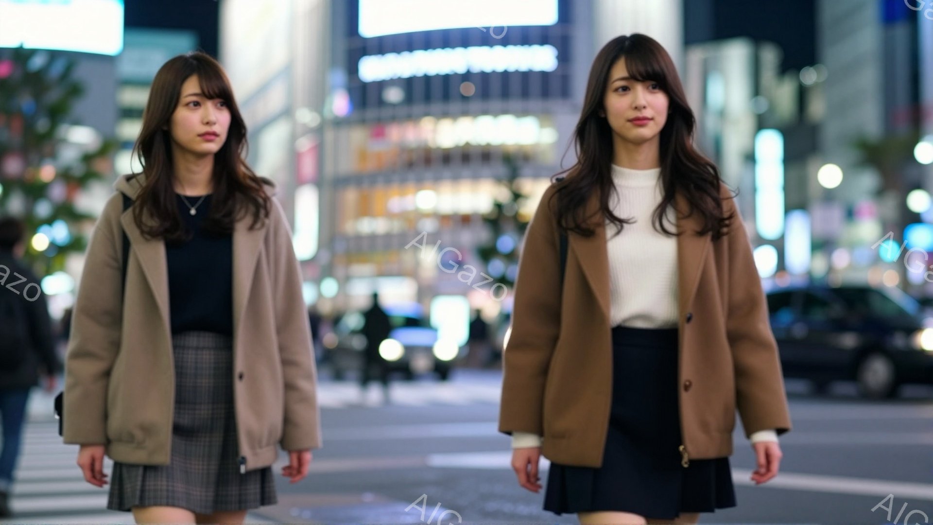 2人の女性が横並びで歩いており、それぞれベージュのコート、白いトップス、チェック柄または黒いスカートを着用しています。彼女たちは前を見据え、やや真剣な表情を浮かべています。背景には、夜の街並み、多くの建物、そしてぼやけた人々の姿が見え、全体的に都会的で少しクールな雰囲気が漂っています。