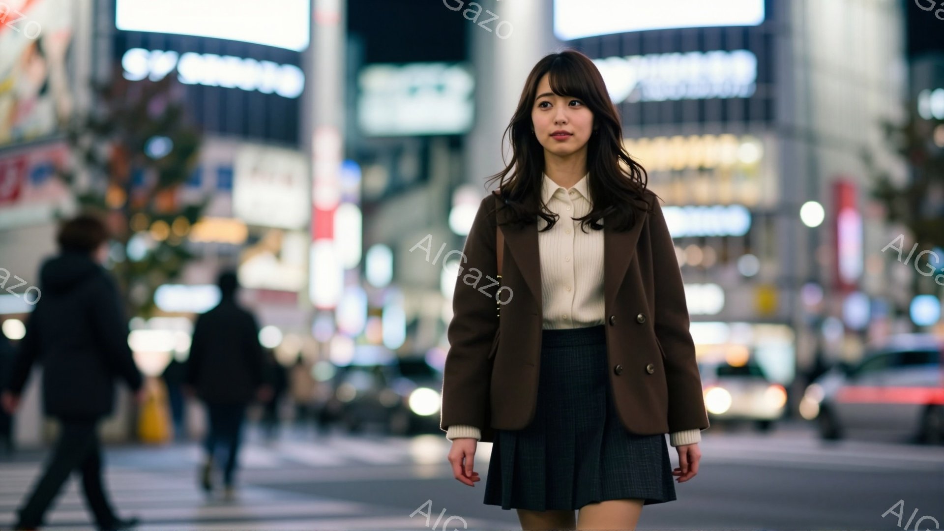 若い女性が街中で立っており、ベージュのジャケットに白いシャツ、チェック柄のスカートを着用しています。彼女は少し横を向き、穏やかな表情で、リラックスした姿勢です。背景には夜の街並みがぼやけて見え、多くの - AI生成フリー素材