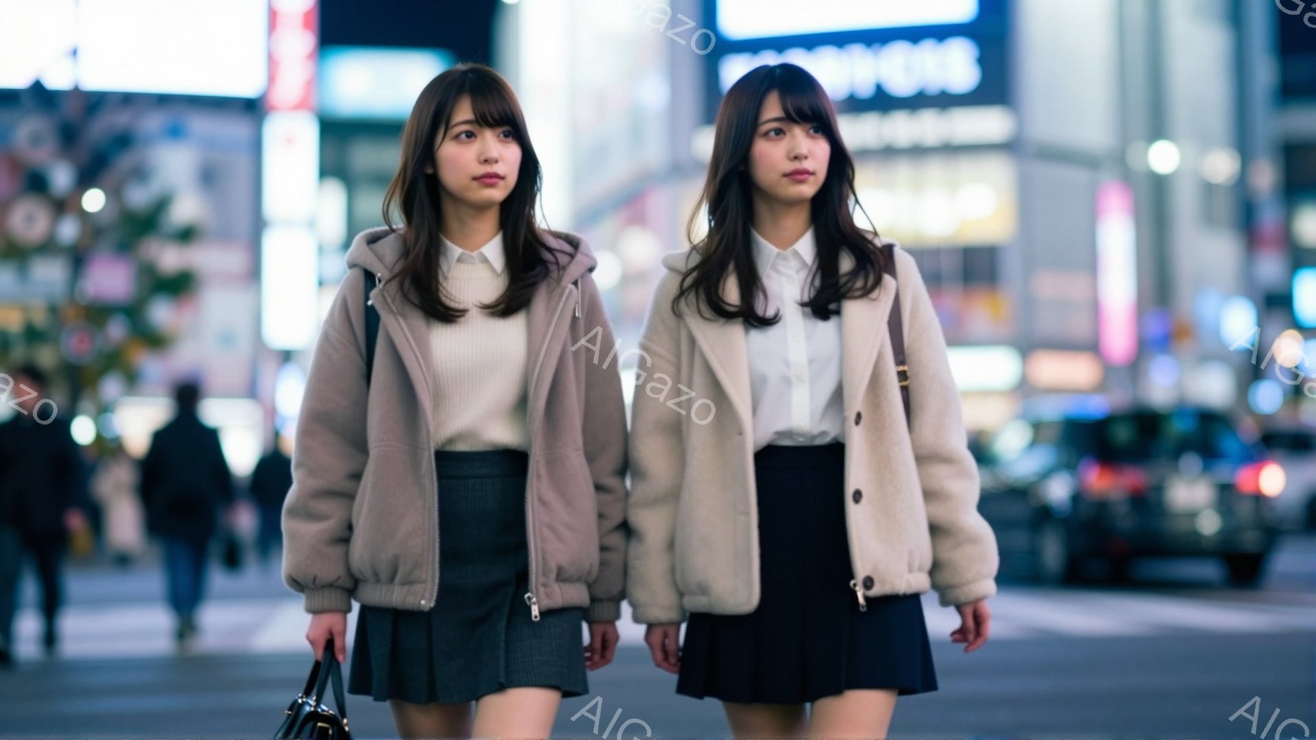 2人の若い女性が、夜の街を歩いています。彼女たちは白いシャツに、チェック柄のプリーツスカート、そしてベージュのフリースジャケットを着ており、それぞれ肩にバッグをかけています。背景には高層ビル群や車の光が見え、夜の賑やかな雰囲気が漂っています。