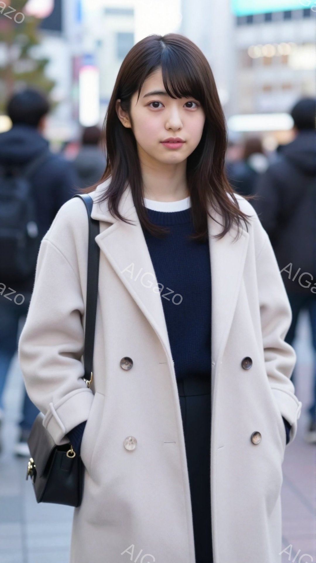 若い女性がベージュ色のダブルブレストコートを着て、黒いバッグを肩にかけて立っています。彼女は黒い髪を肩まで伸ばし、少し微笑んでいます。背景には、ぼやけた街並みと人々が見え、晴れた日の都会の様子を表しています。