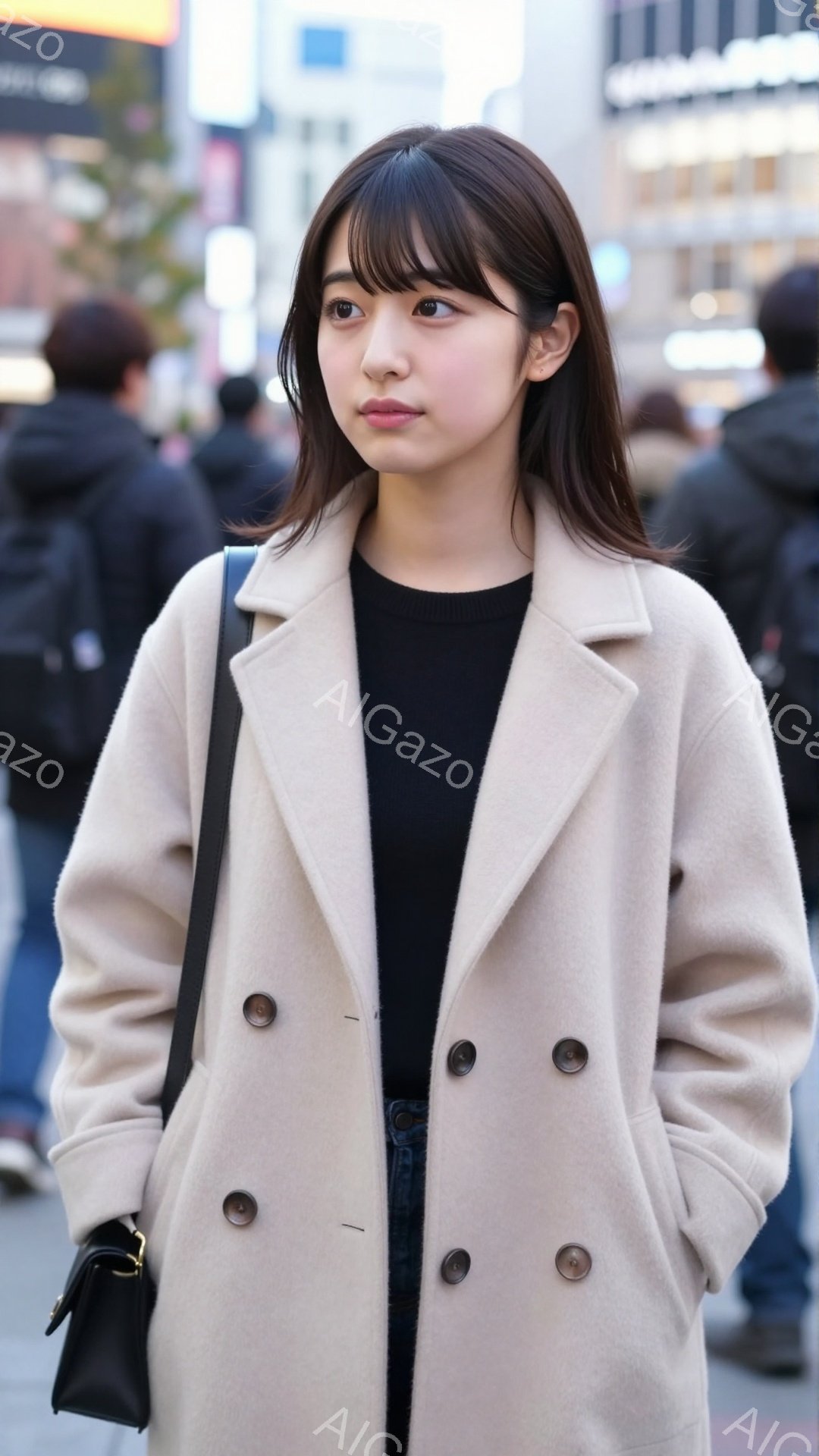 若い女性がベージュ色のダブルブレストコートを着て、黒いシャツとジーンズを合わせている。彼女は肩にかけた黒いショルダーバッグを持ち、少し微笑んだ表情でこちらを見ている。背景には、人々の姿と都市の建物が見え、天候は晴れで、全体的に穏やかな雰囲気である。