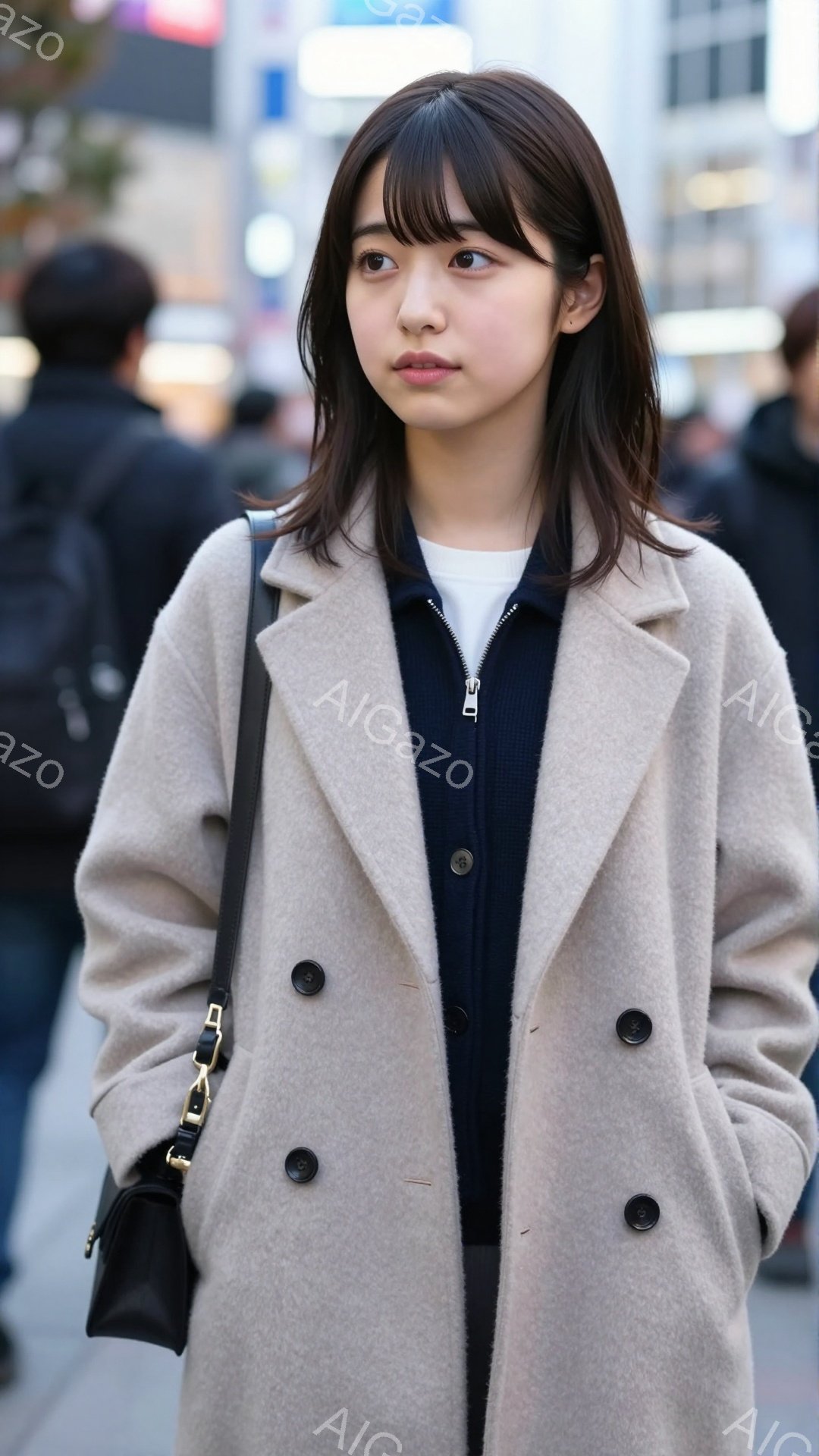 長い茶色のコートを着た若い女性が写っています。彼女はダークトーンのトップスと、前髪を伸ばした肩までの長さの髪型で、少し憂いのある表情をしています。背景には、ぼやけた都市の風景が見え、光の具合から晴れた日であることがわかります。