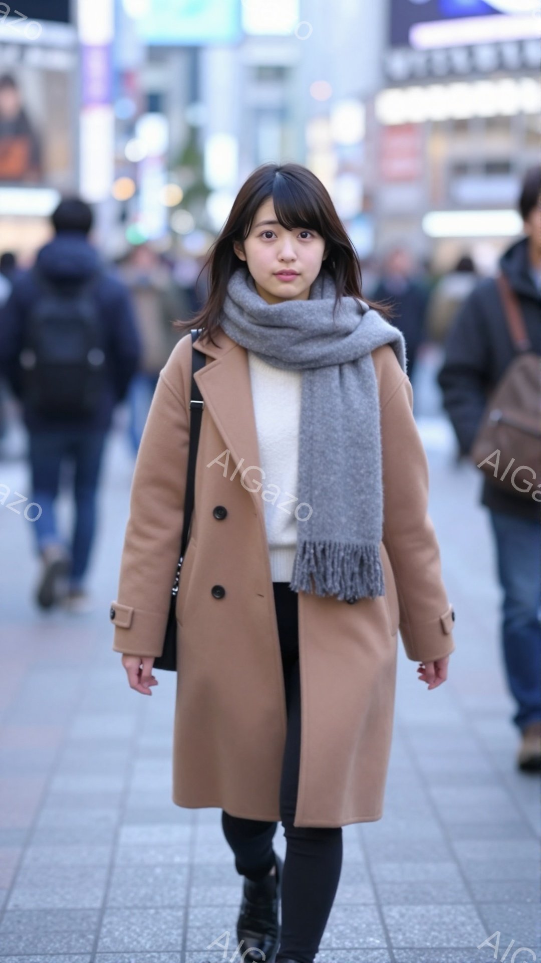 長いキャメル色のコートを着た若い女性が写っています。彼女は黒いレギンスとスニーカーを履き、首に灰色のフリンジ付きのマフラーを巻いています。背景には人々と建物が見え、街中の歩道で歩いている様子から、やや寒い晴れた日の日常的な雰囲気が伝わってきます。