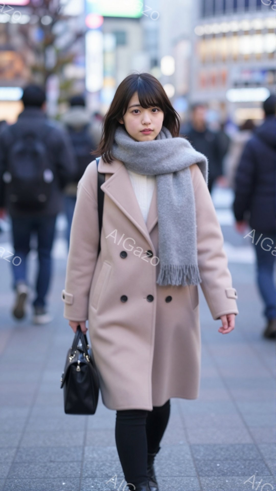 女性はベージュ色の膝丈コートに黒いスキニージーンズ、そして黒い靴を履いています。彼女は灰色のマフラーを首に巻き、黒いハンドバッグを持っています。背景には、多くの歩行者と建物が見え、やや曇り空で都会の雰囲気が漂っています。