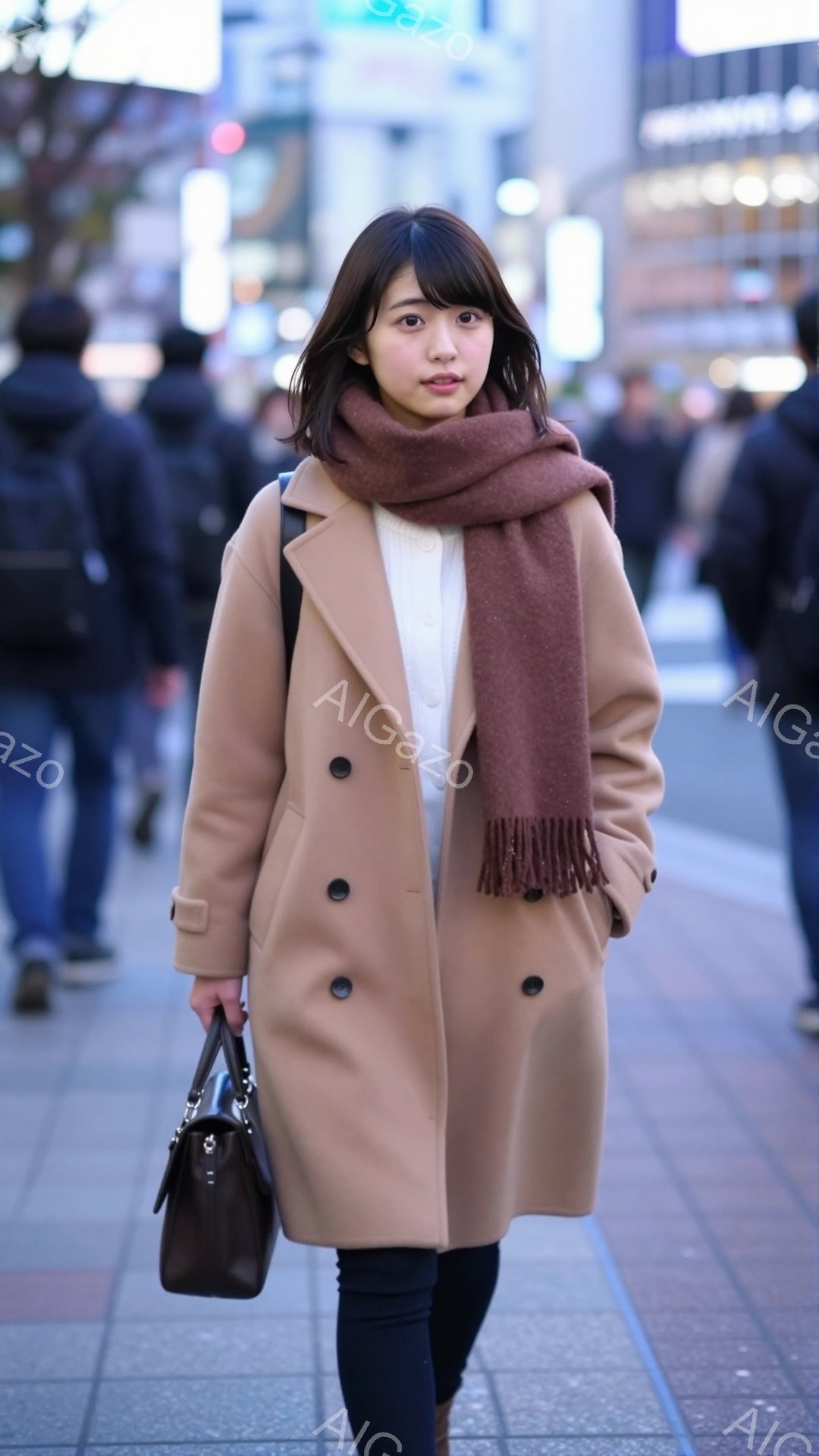 街中で歩く女性が写っています。ベージュ色のコートに黒いタイツを履き、茶色のマフラーを巻いています。彼女はカメラに向かって少し微笑んでおり、落ち着いた雰囲気です。 - AI生成フリー素材