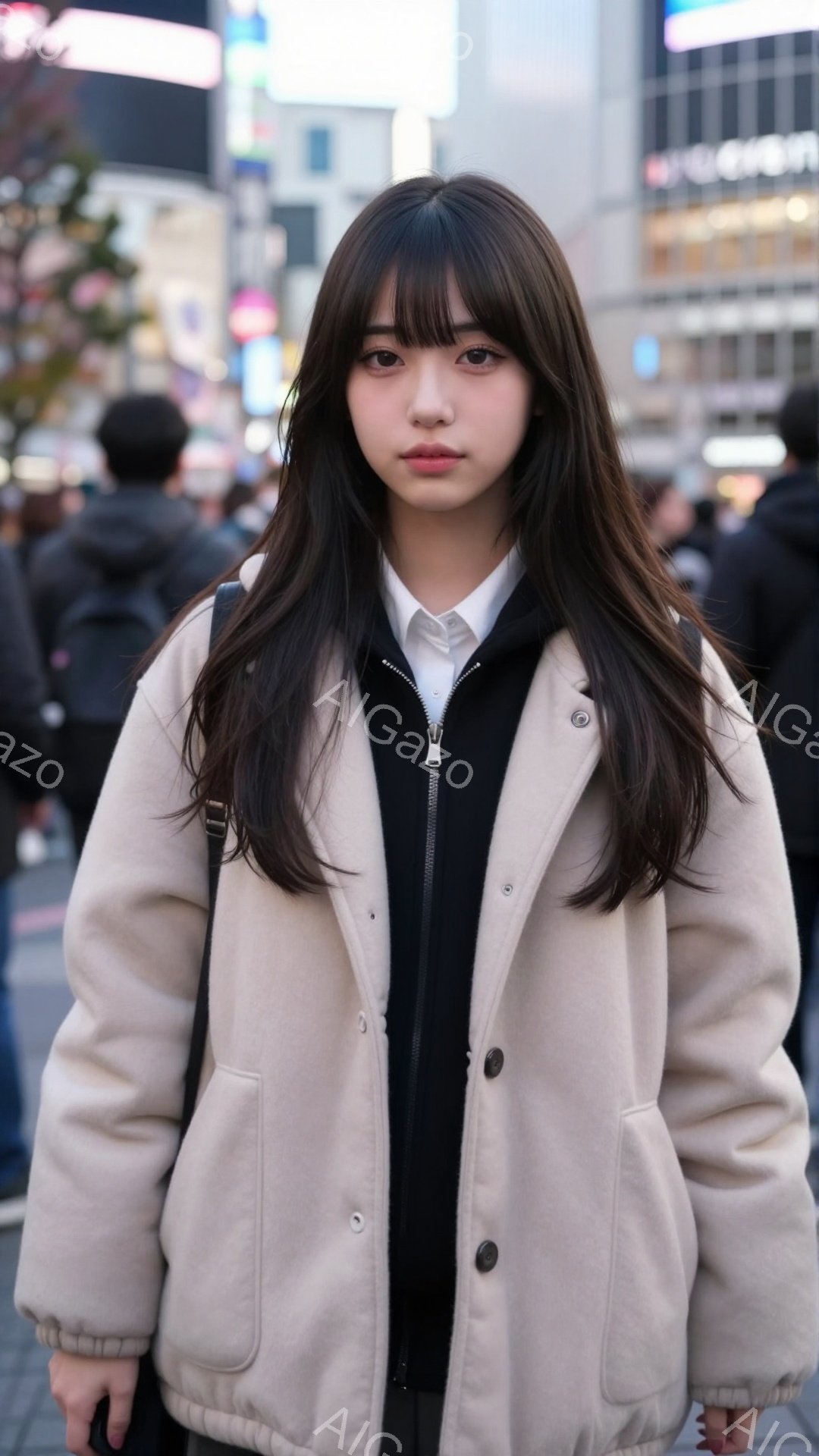 長い黒髪をセンターパートにした若い女性が、ベージュ色のジャケットと黒のインナーを着用しています。彼女は少し微笑んでおり、姿勢はリラックスしています。背景には、高層ビルや歩行者が写っており、賑やかな都会 - AI生成フリー素材