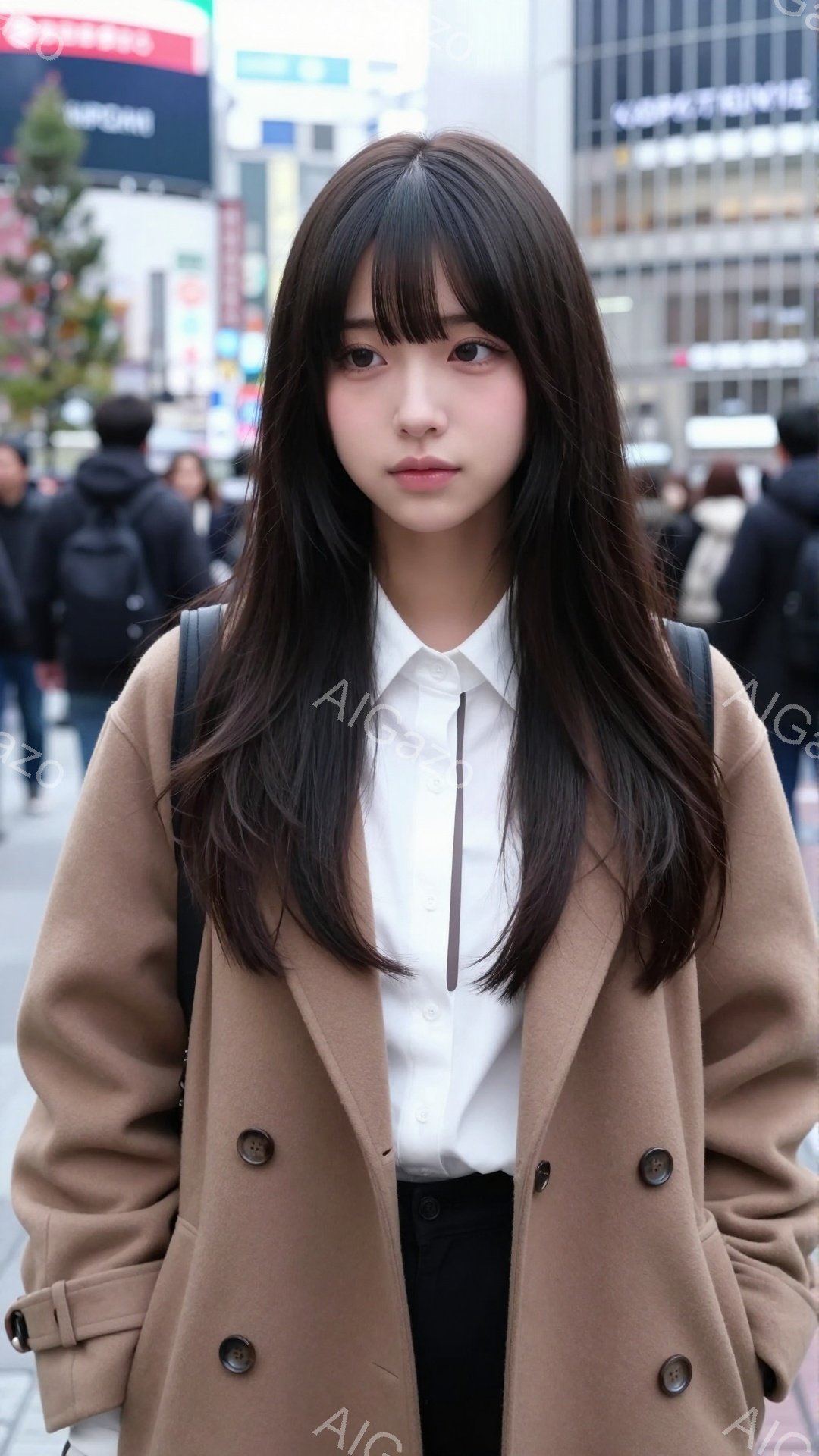 長い黒髪で、前髪は眉毛にかかるように切り揃えられた若い女性が写っている。ベージュ色のコートと白いシャツ、黒いパンツを着用し、肩にかけたバッグを持っている。背景には高層ビルが立ち並び、多くの人が歩いていることから、賑やかな都市の通りである様子が伺える。