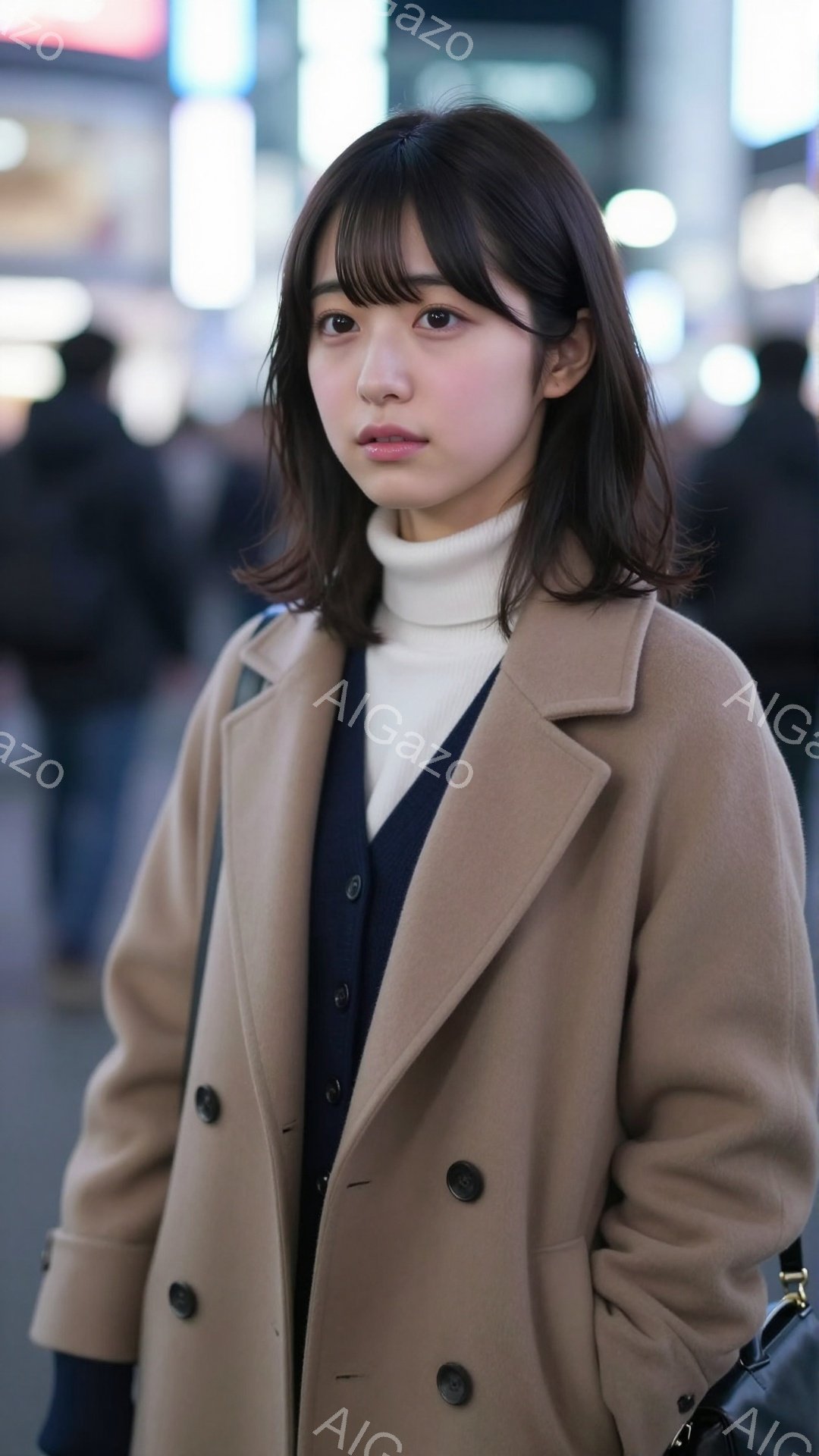 この女性はキャメル色のコートと黒のインナーを着用し、落ち着いた表情で正面を見ている。彼女の髪は肩の長さで、前髪が目にかかるようにカットされている。背景はぼやけており、多くの人が歩いている様子から、賑やかな都市部の通りであることがわかる。