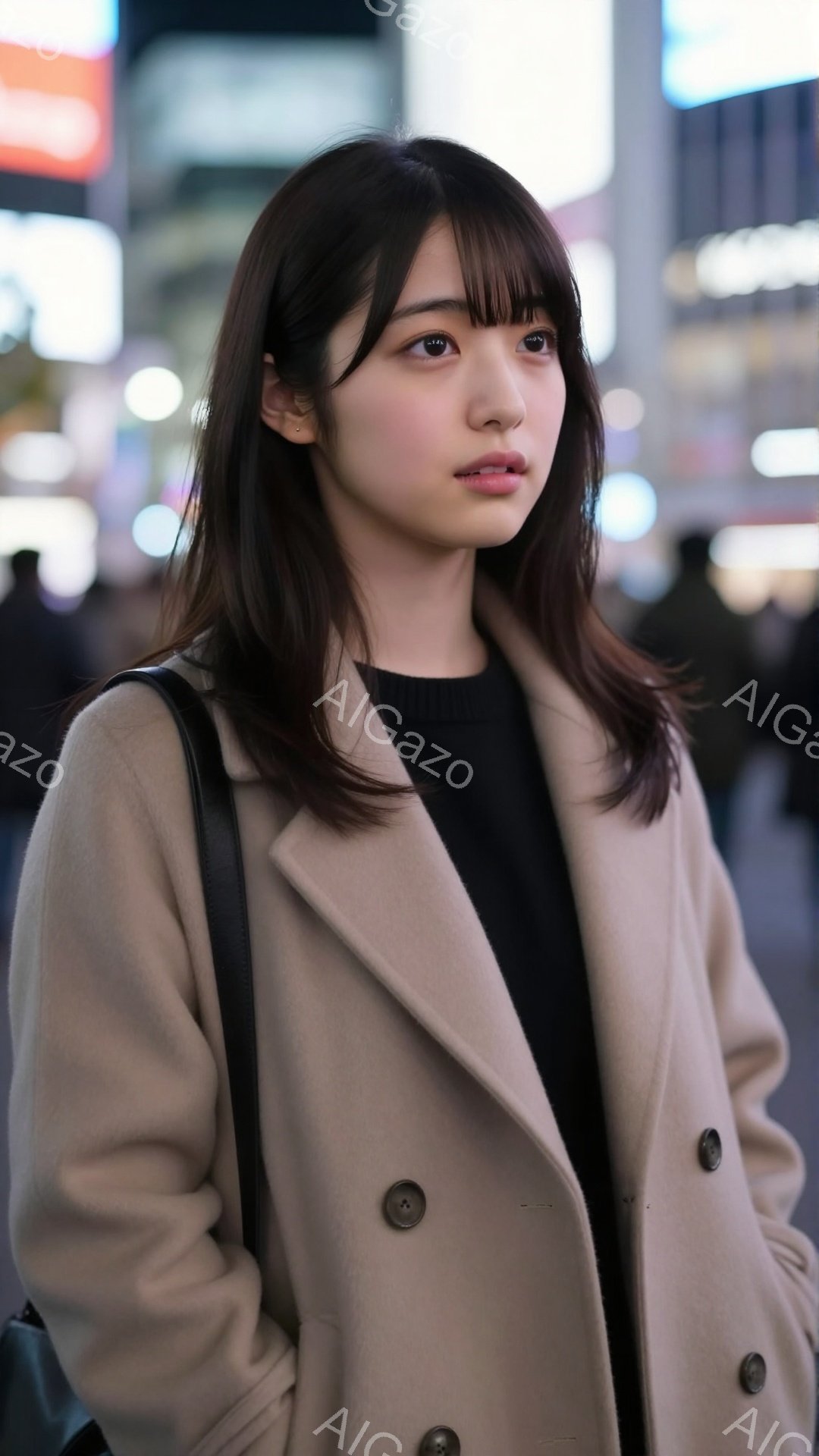 長いダークブラウンの髪は肩にかかる長さで、前髪が眉毛にかかっています。ベージュ色のコートに黒いインナーを着て、肩にバッグをかけています。背景にはぼやけた都市の風景が見え、夜の街の雰囲気が漂っています。 - AI生成フリー素材
