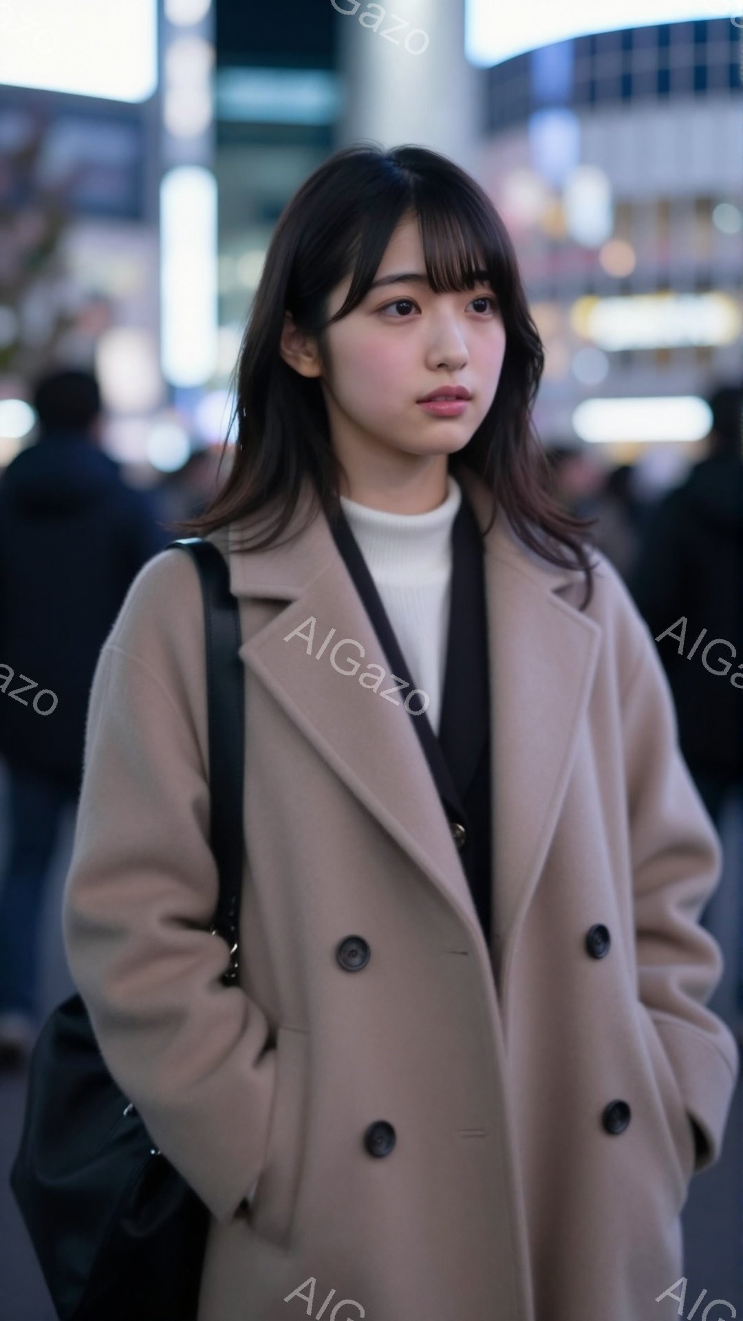 若い女性がベージュのコートを羽織り、黒いニットを着用しています。彼女は肩までの長さのダークブラウンの髪で、前髪が少し目にかかっています。背景にはぼやけた都市の風景が広がり、やや曇った空模様がうかがえます。