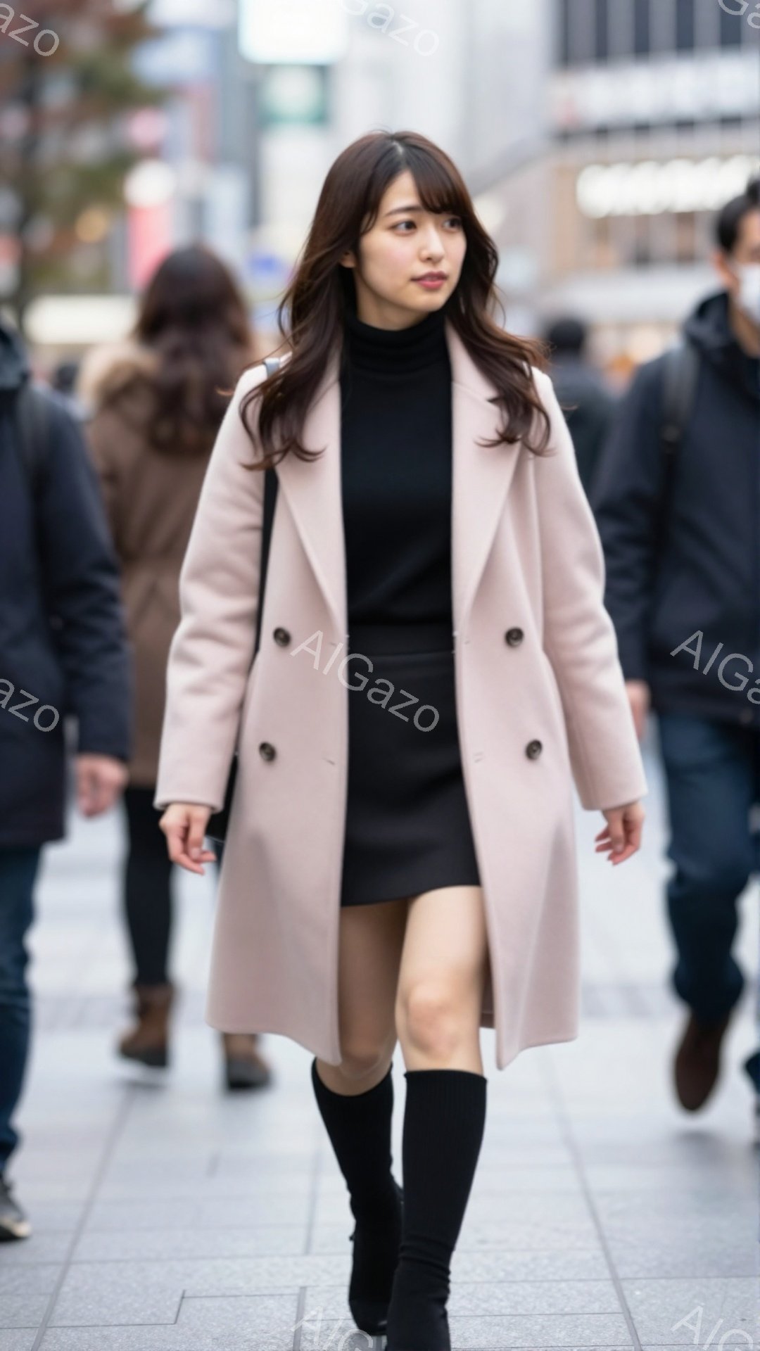 長いキャメルのコートを着た女性が、黒のタイトなスカートとブーツを履いて歩いています。彼女は長いダークブラウンの髪を肩にかけ、少し微笑んでいます。背景には、他の歩行者や建物のぼやけた姿が見え、晴れた日の都市部の通りを歩いている様子がうかがえます。