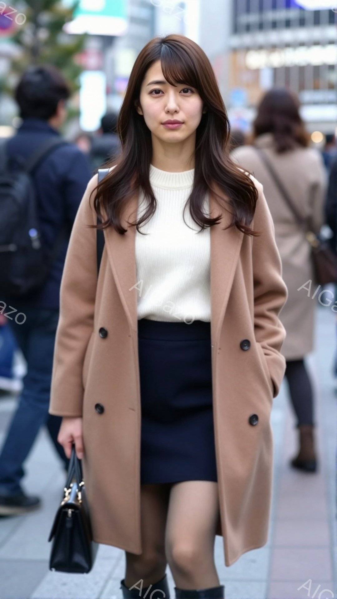 茶色のコートを着た若い女性が、紺色のスカートと黒いブーツを履いて立っています。彼女は長い茶色の髪を持ち、穏やかな表情で正面を見ています。背景には、賑やかな街並みと人々が見え、晴れた日の様子が伺えます。 - AI生成フリー素材