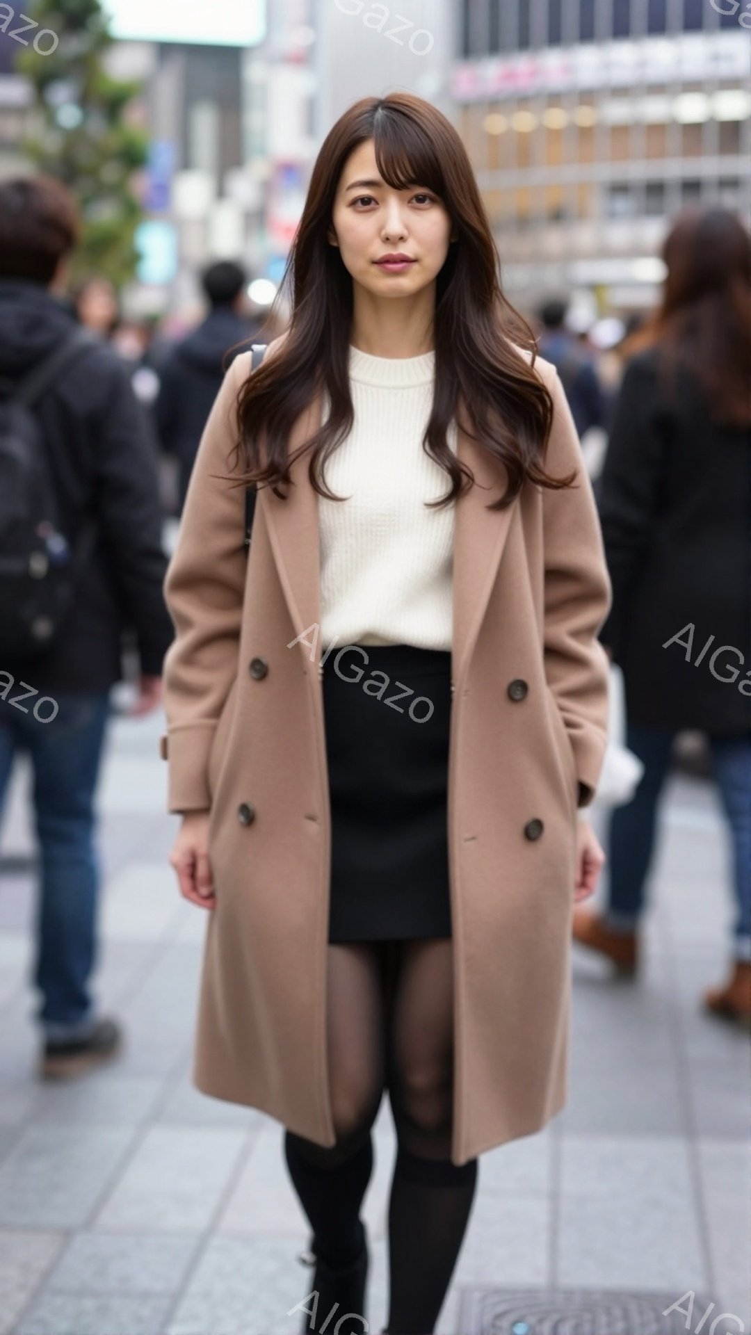 長い茶色のコートを着た女性が立っている。彼女は黒いスカートとタイツ、そして黒いブーツを履いている。背景には、都市の建物と歩行者がぼやけて写っており、晴れた日のストリートシーンを表している。