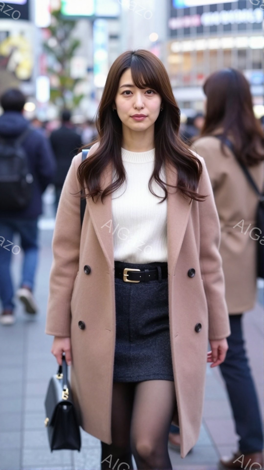 女性はベージュ色のロングコート、白いセーター、グレーのミニスカートを着用し、黒のタイツとブーツを履いています。彼女は黒いハンドバッグを持ち、少し微笑んでおり、やや横を向いています。背景には多くの人々や - AI生成フリー素材