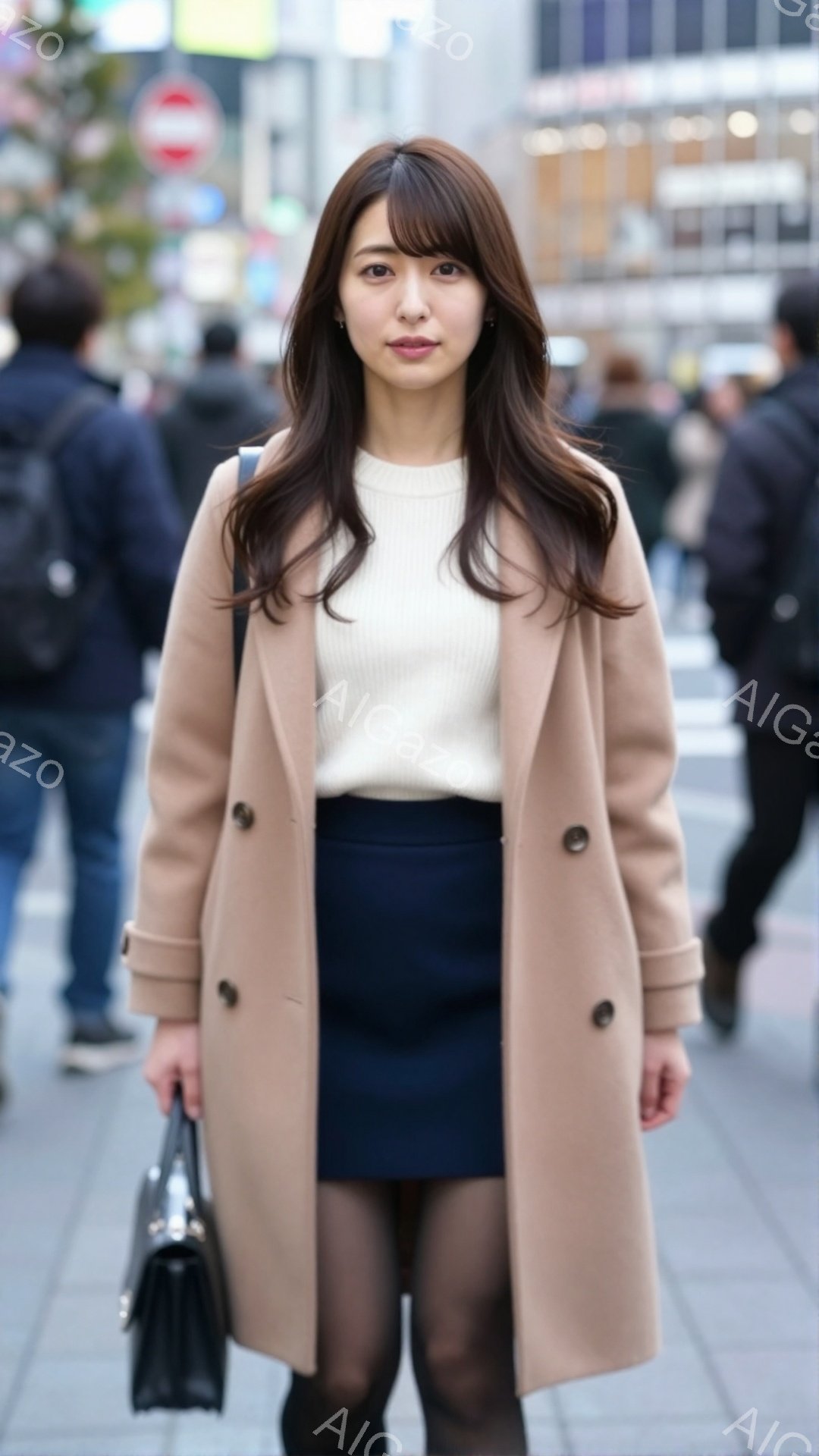 明るい茶色のコートを着た若い女性が写っている。彼女はネイビーブルーのスカートと黒のタイツを合わせ、髪は肩までの長さで、軽くカールしている。背景には人々と建物が見え、晴れた日の街並みが広がっている。