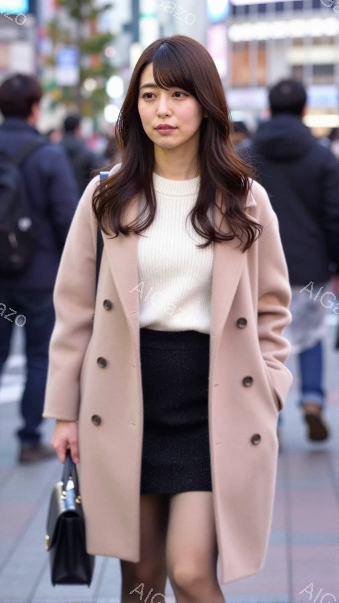 明るい茶色のロングコートを羽織り、白いセーターと黒のミニスカートを合わせた女性が写っています。彼女は少し微笑んでおり、肩に掛けた黒いハンドバッグを持っています。背景には、人通りの多い通りと、ぼやけた建 - AI生成フリー素材
